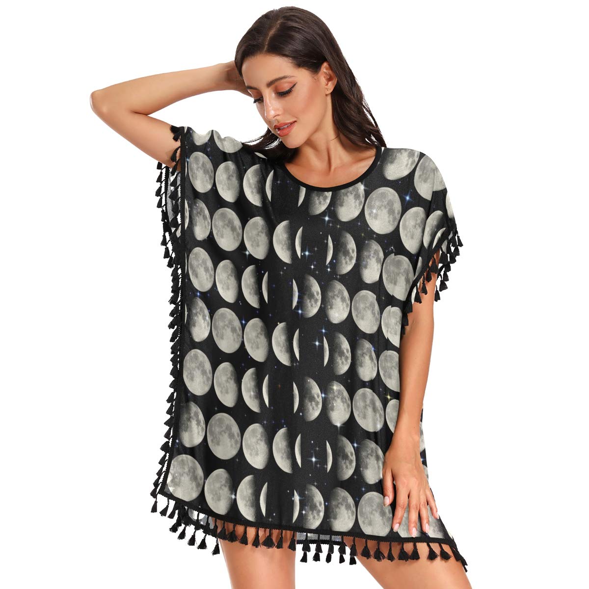 UWSG Women's Chiffon Tassel Swimsuit Cover Up Dress - Lightweight Beach T-Shirt Dress with Flowy Tassel Details for Pool, Vacation & Summer Outfits