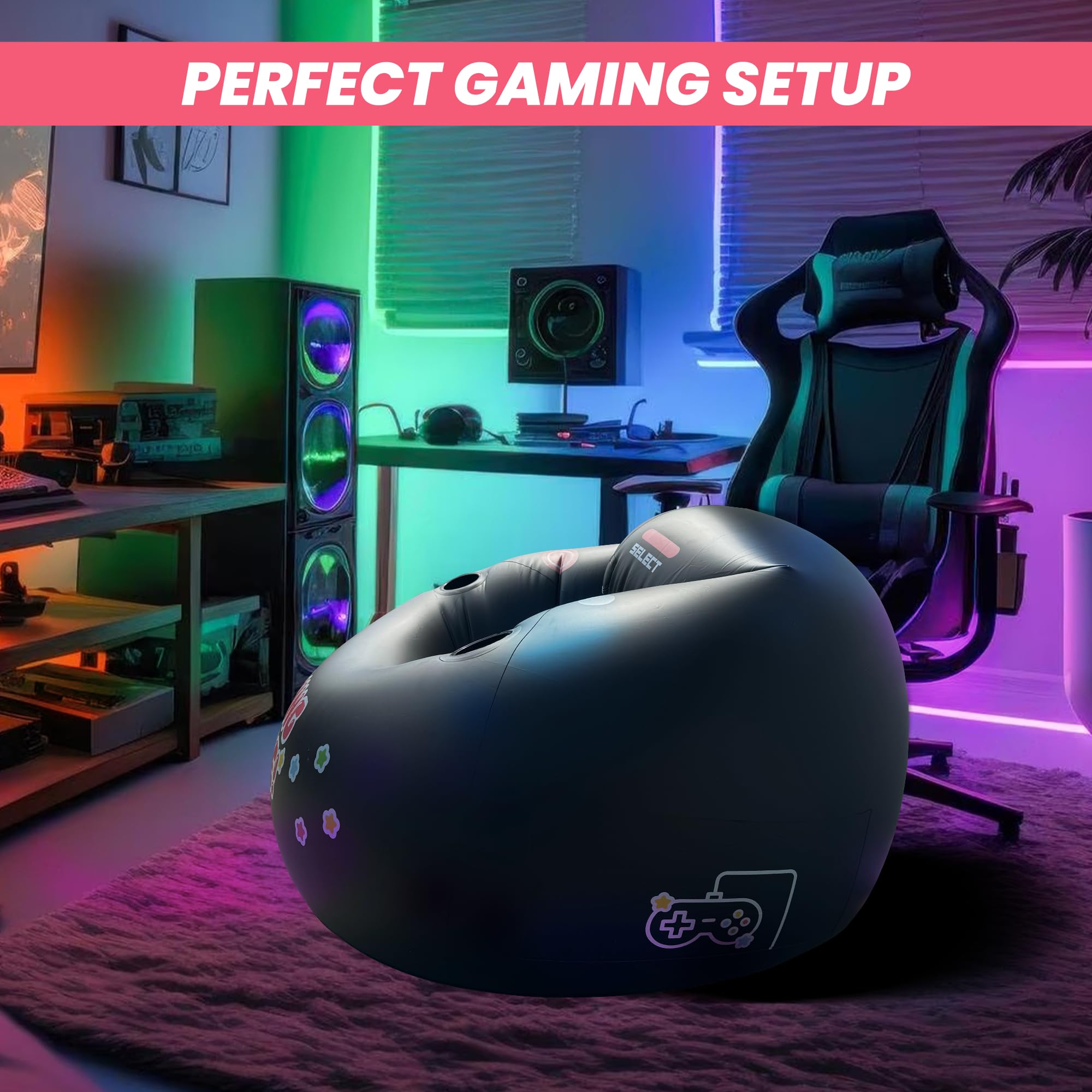 Inflatable Gaming Chair for Kids & Teens - Comfortable Bean Bag Chair with Cup Holders & Side Pocket - Ergonomic Gaming Seat for Boys & Girls Ages 4-12 - Perfect for Bedroom, Game Room & Dorm Decor