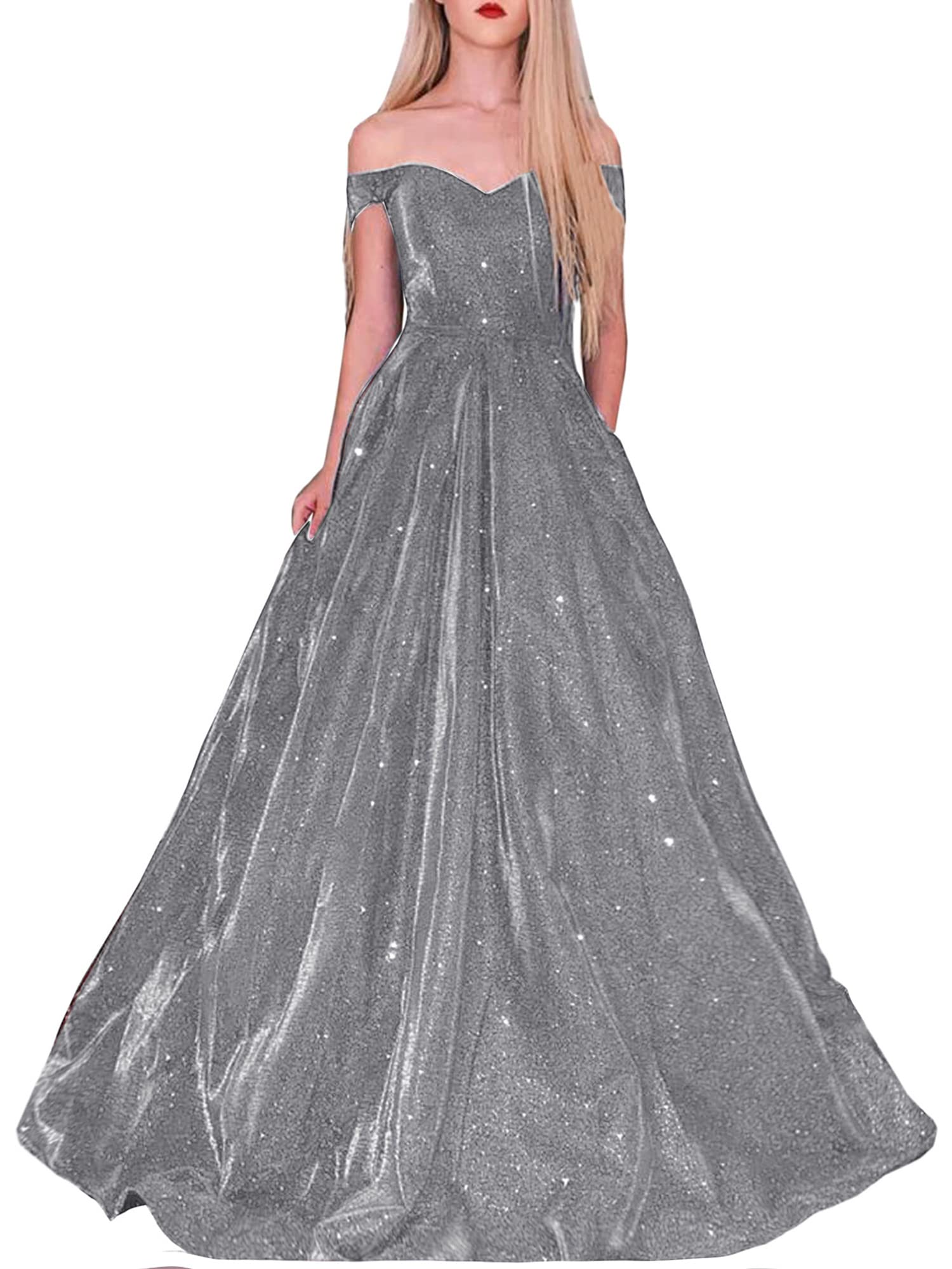 Topfountonart Women's Off Shoulder Glitter Prom Dress with Pockets - Elegant Formal Evening Gown for Homecoming, Wedding Guest, Cocktail Party & Special Occasions