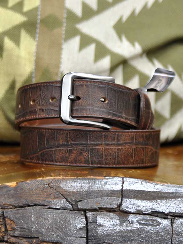 Gingerich 8244 36 Inch Men's Leather Belt - Brown Alligator Pattern with Scalloped Edges for Casual & Dress Wear | Perfect for Office, Jeans & Formal Occasions