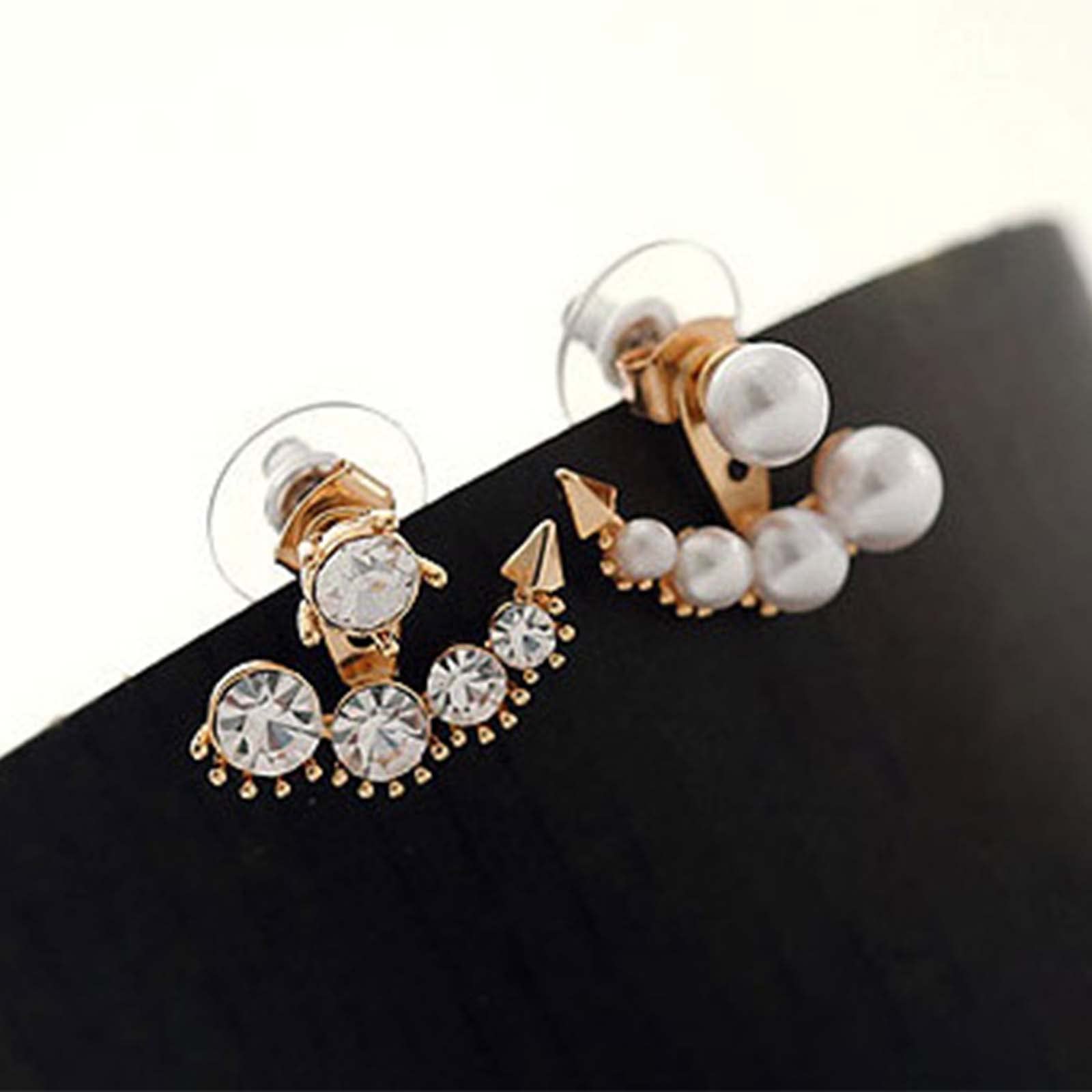 Boho Pearl Crystal Ear Jacket Earrings - Gold Crystal Ear Climber CZ Rhinestone Front & Back Earrings - Bohemian Mismatched Jewelry for Women | Perfect for Parties, Weddings & Everyday Boho Fashion
