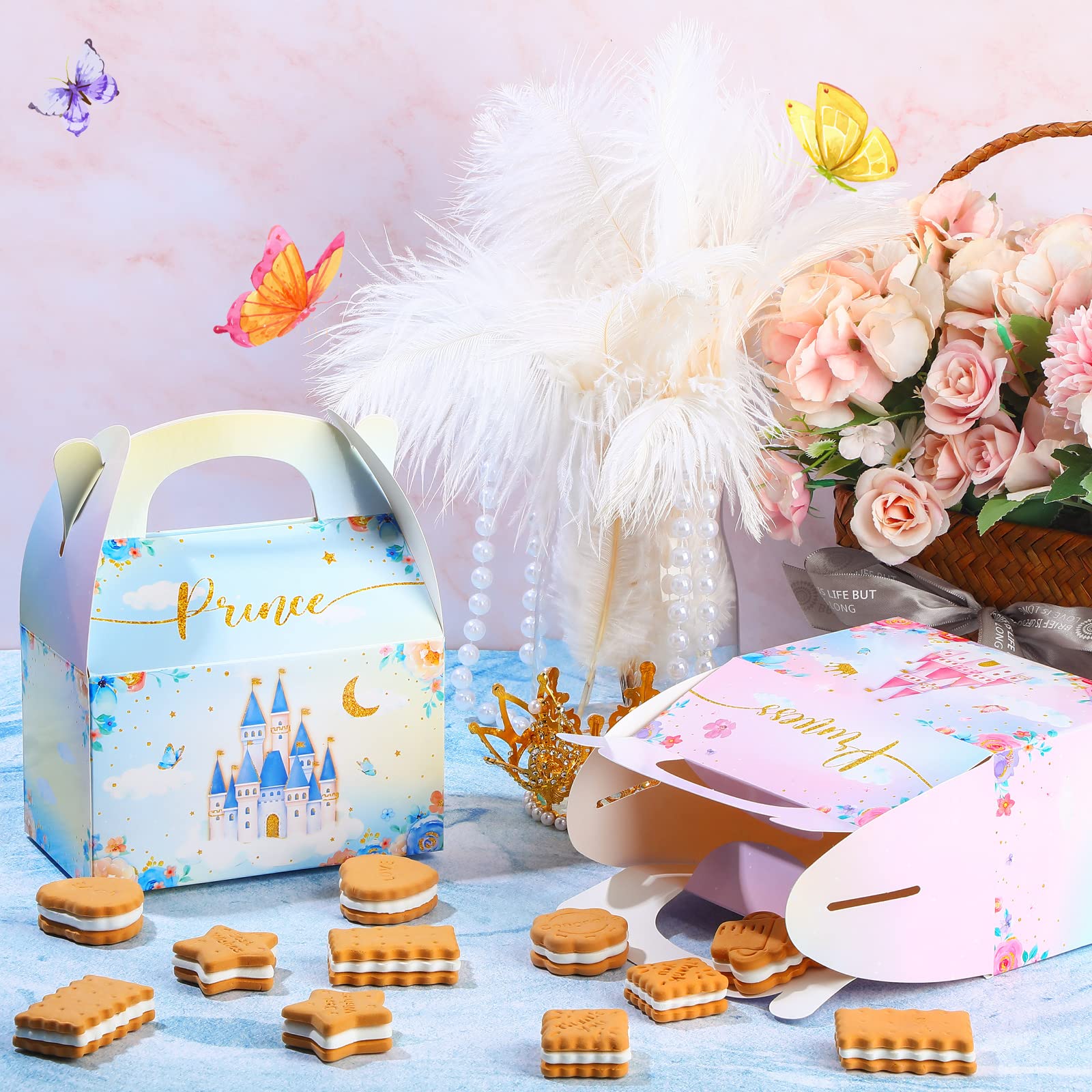 Nezyo Princess and Prince Treat Boxes - Pink & Blue Crown Cardboard Goodie Boxes for Kids Birthday Party Favors (12 Pcs) - Perfect for Royal Themed Birthday Parties, Baby Showers, and Gender Reveal Events