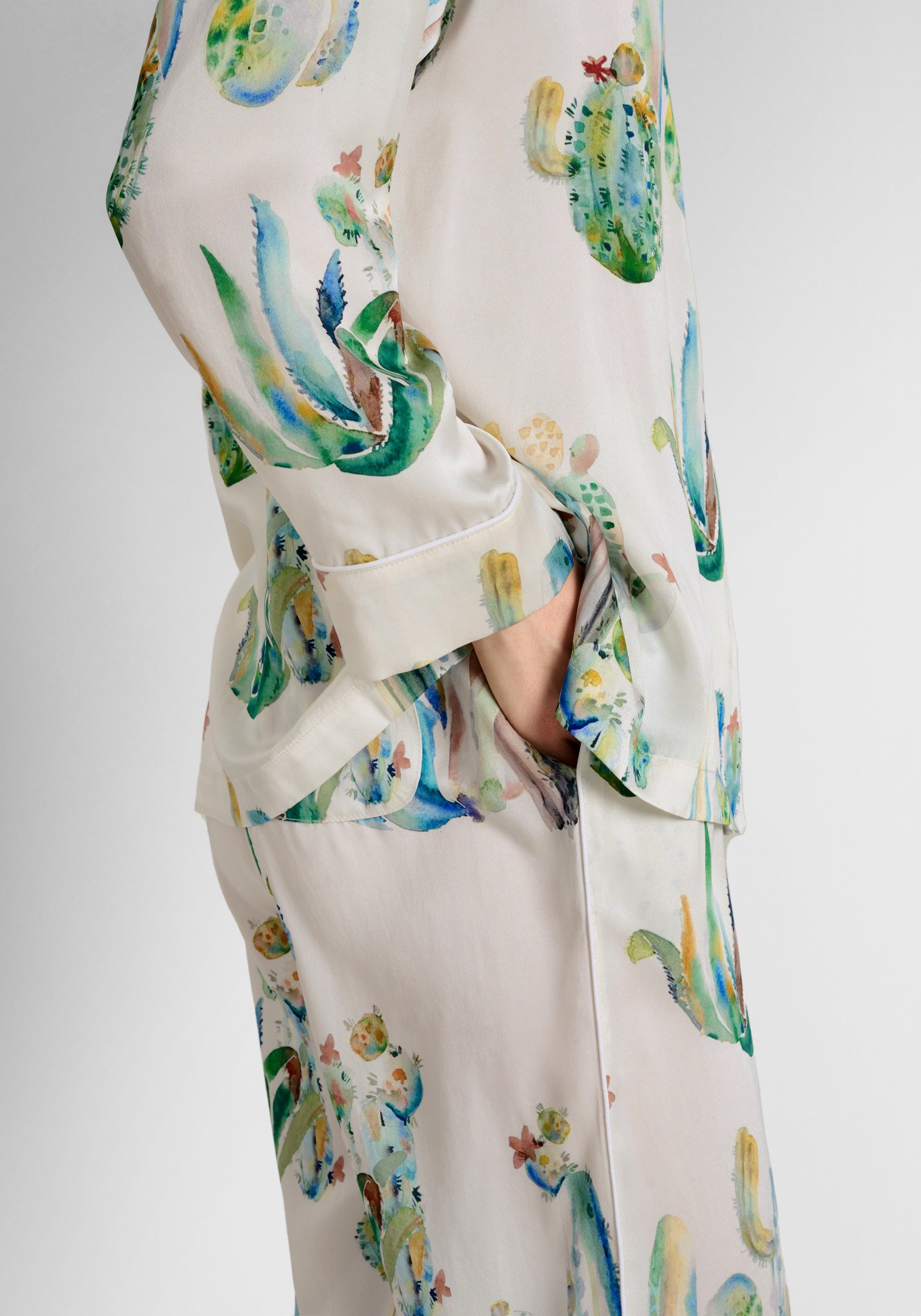 Washable Silk Marina Pajama Set - Cacti Watercolor Print Women's Sleepwear | Soft & Breathable Pajamas for Lounge, Sleep & Relaxation at Home