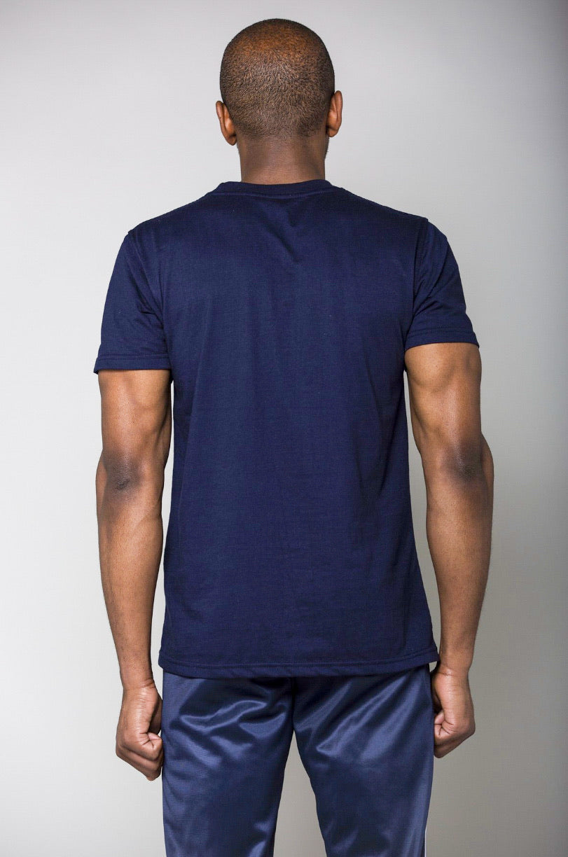 Cerus Navy Muscle Fit T-Shirt for Men - Slim Fit Cotton Tee with White Small Print Logo - Gym, Workout, Casual Wear