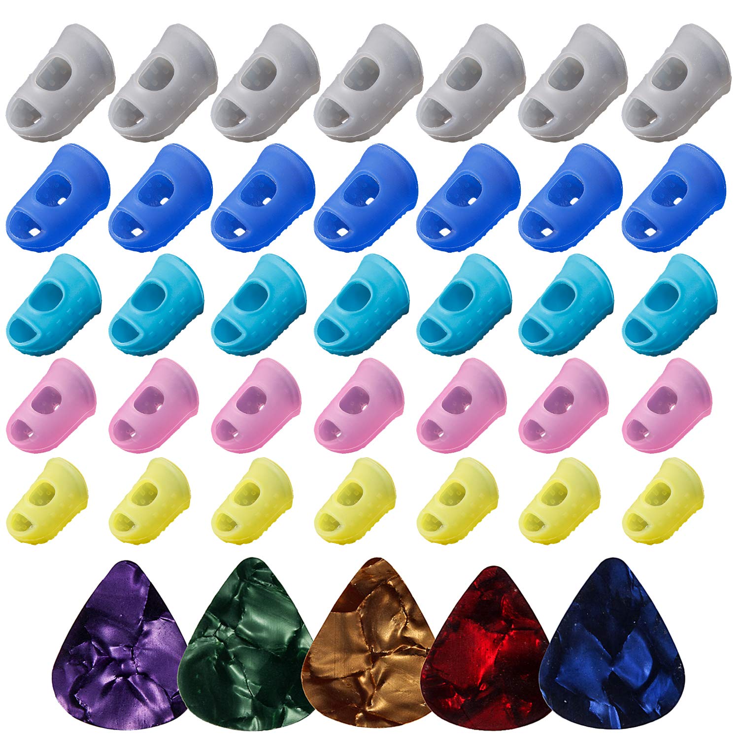 40pcs Guitar Silicone Finger Protectors - 5 Sizes Colorful Fingertip Protection Covers for Beginners Playing Ukulele, Electric & Acoustic Guitar - Includes 5 Guitar Picks - Perfect for Practice, Learning & Pain Relief