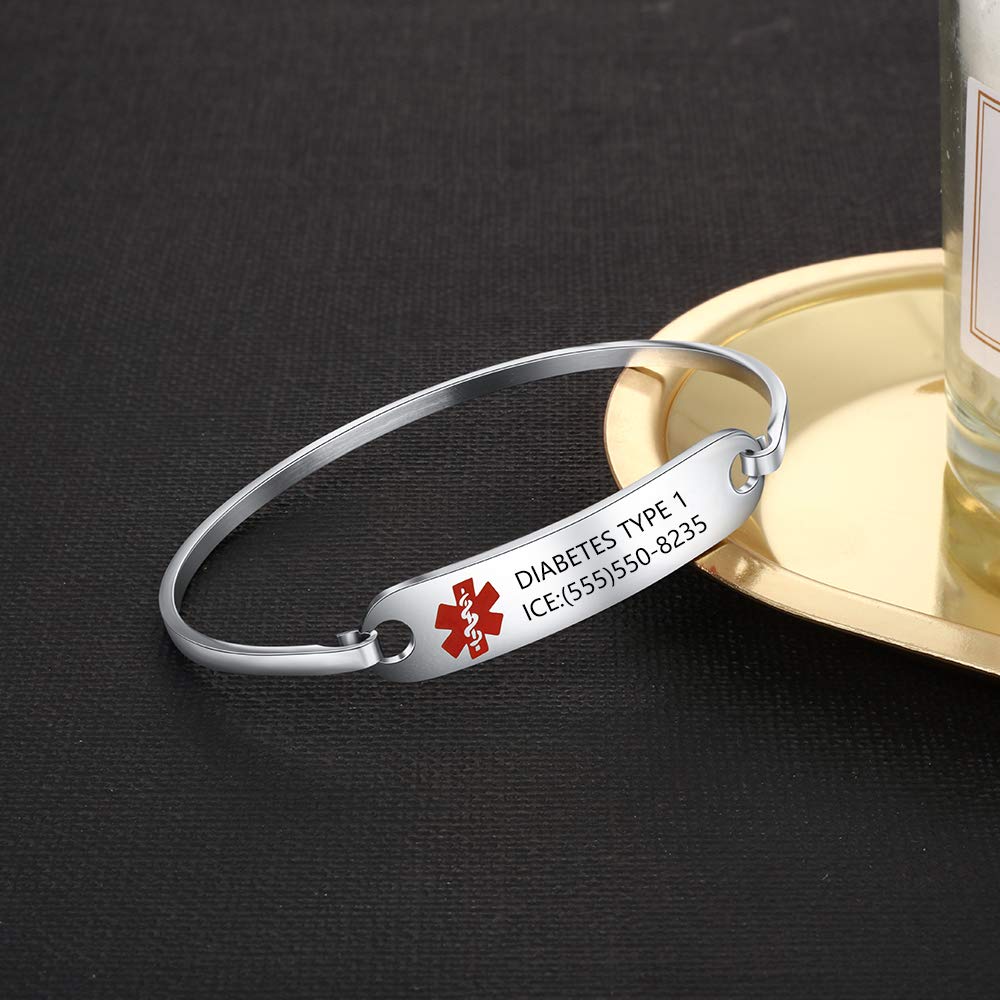 Personalized Medical Alert Bracelet for Women - Custom Engraved Emergency ID Bangle with Stainless Steel Chain - Perfect for Diabetes, Allergies & Heart Conditions (Ideal for Daily Wear & Outdoor Activities)