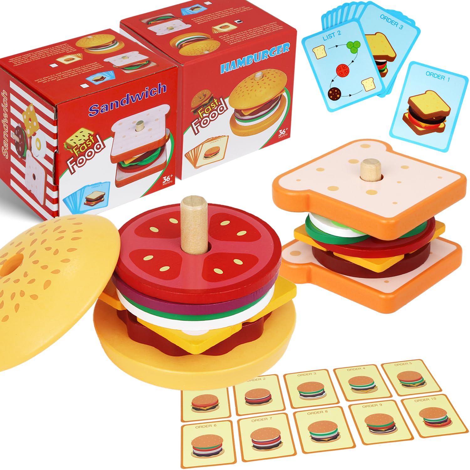 Montessori Wooden Stacking Blocks & Pretend Play Food Set - Educational Toddler Toys for 3 4 5 Year Old Boys & Girls | Preschool Learning Games, Classroom Activities & Kids Birthday Gifts (30-Piece Set) - Perfect for Early Childhood Development, Sensory Play & Imaginative Role-Playing Scenarios
