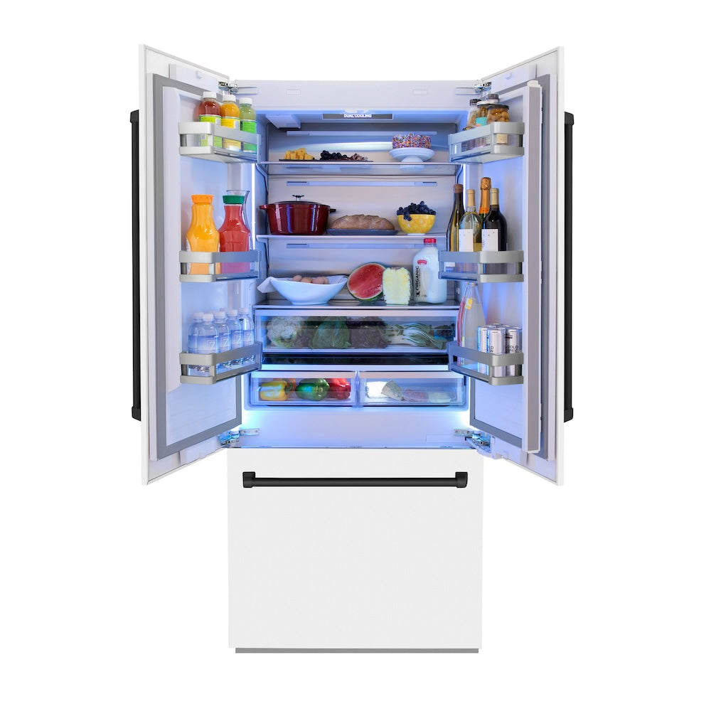 ZLINE Autograph Edition 36 Inch 19.6 cu ft French Door Built-In Bottom Freezer Refrigerator with Water Dispenser & Ice Maker - White Matte with Matte Black Accents (RBIVZ WM 36 MB) | Premium Kitchen Appliance for Modern Homes & Restaurants