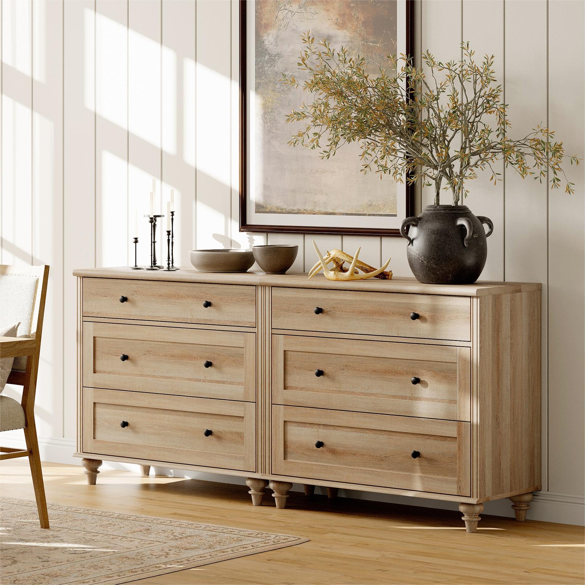 WAMPAT 4-Piece Bedroom Dresser Set with Nightstands - Farmhouse Style 3-Drawer Dressers & Side Tables with USB Charging Station, Solid Oak Furniture for Master Bedroom, Guest Room or Dorm