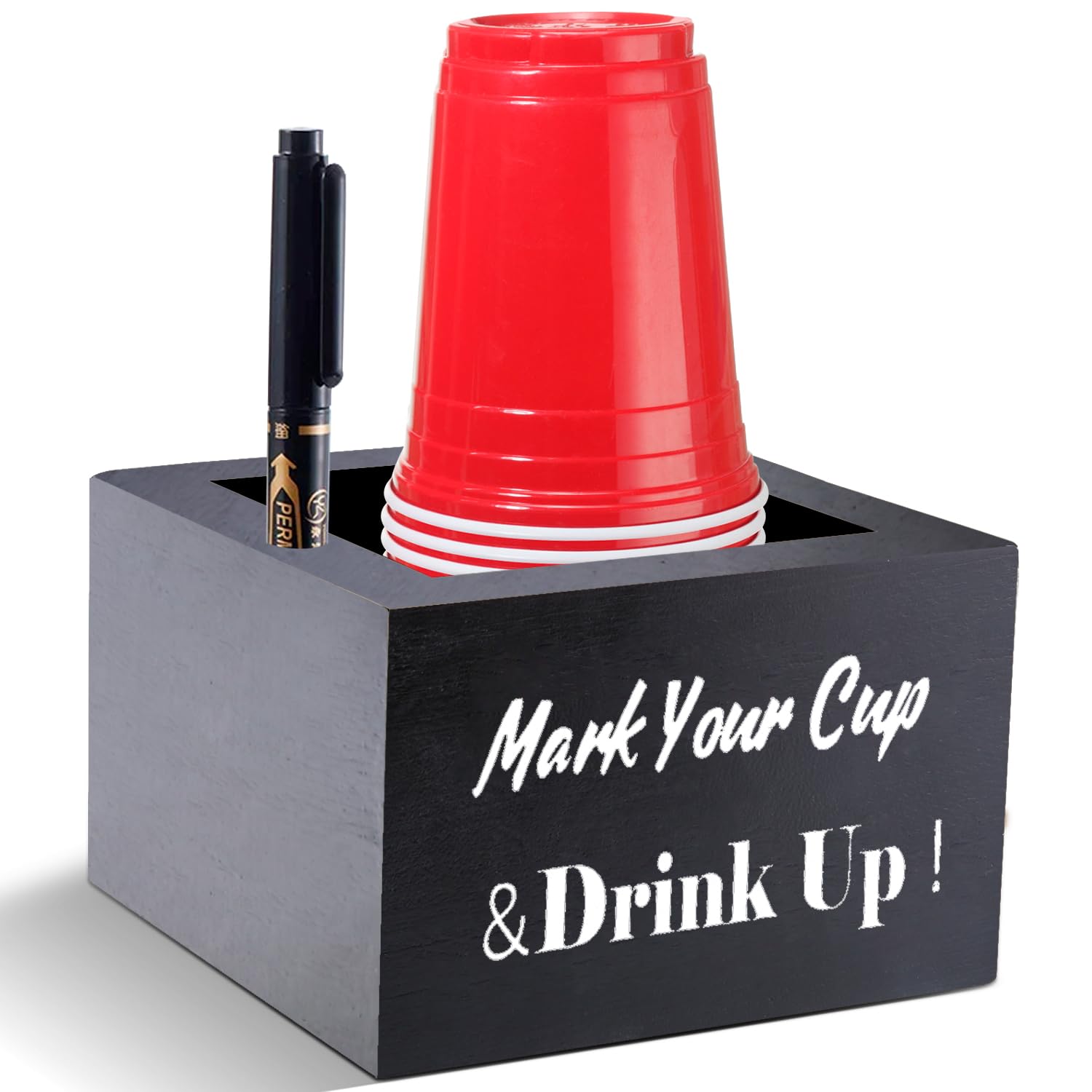 Wooden Party Cup Holder with Marker Slot - Rustic Disposable Drink Holder for Bar, Kitchen, Countertop, Home & Office - Black - Perfect for Weddings, BBQs, and Office Events