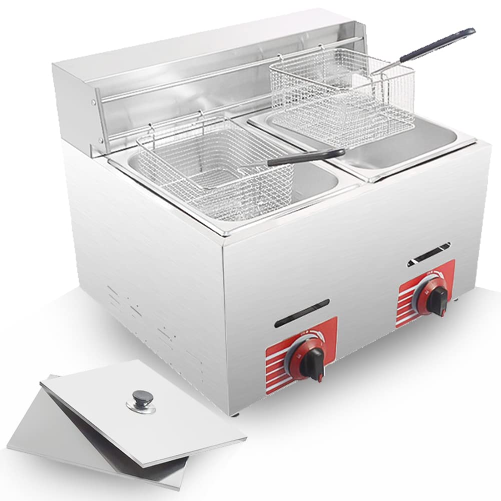 Commercial 10L Dual Basket Stainless Steel LPG Gas Deep Fryer with Lid - Propane Countertop Fryer for Home Kitchen & Restaurant Use - Perfect for Frying Chicken, Fish, and French Fries