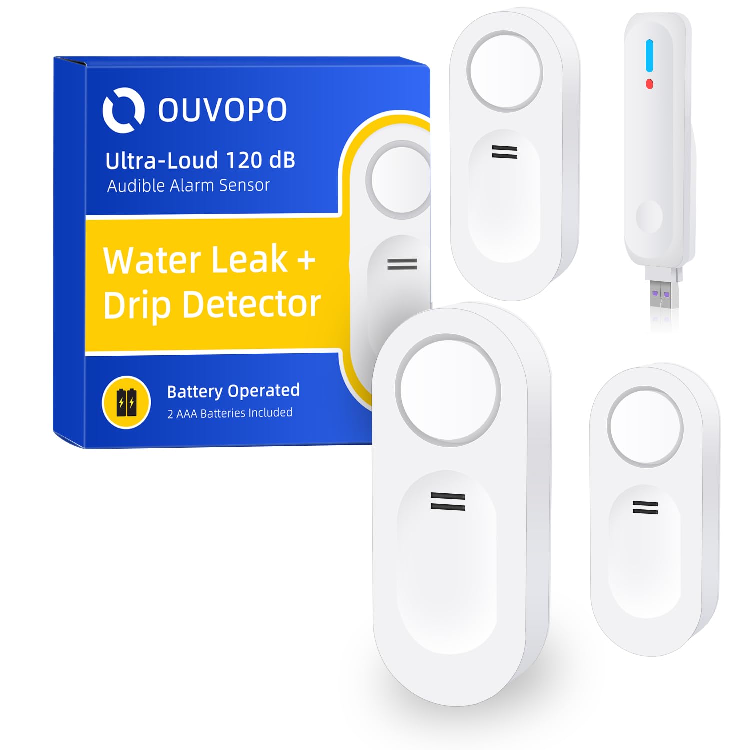4 Pack WiFi Water Leak Detectors with 120dB Loud Alarm - Smart Leak Sensor for Home, Kitchen, Bathroom & Basement - Drip Alert System for Laundry & Bedrooms (5G WiFi Not Supported) by OUVOPO - Prevent Flood Damage & Protect Your Property