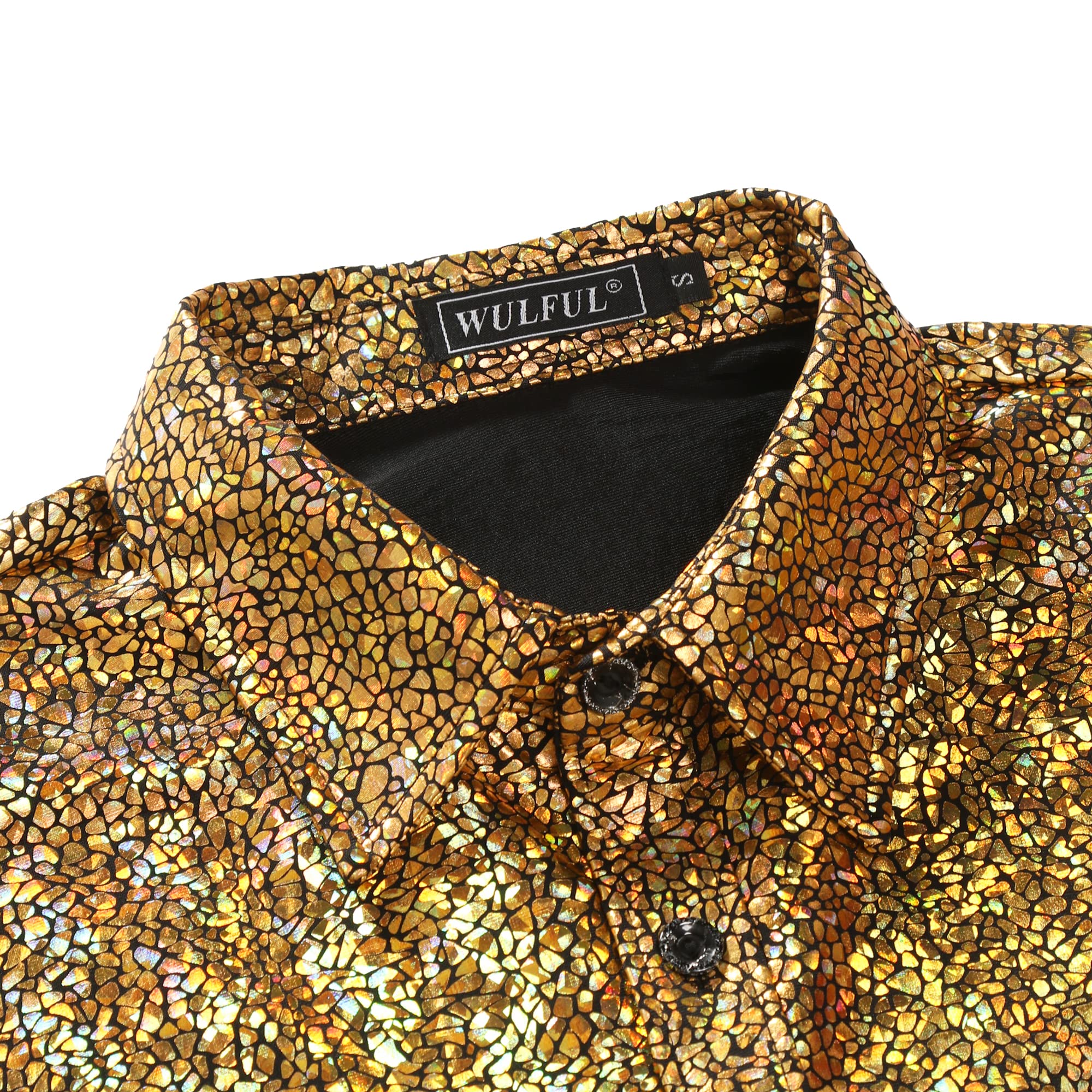 WULFUL Men's Disco Shirt with Sequins - 70s Style Short Sleeve Button Down Party Shirt for Costume, Nightclub, and Retro Theme Events