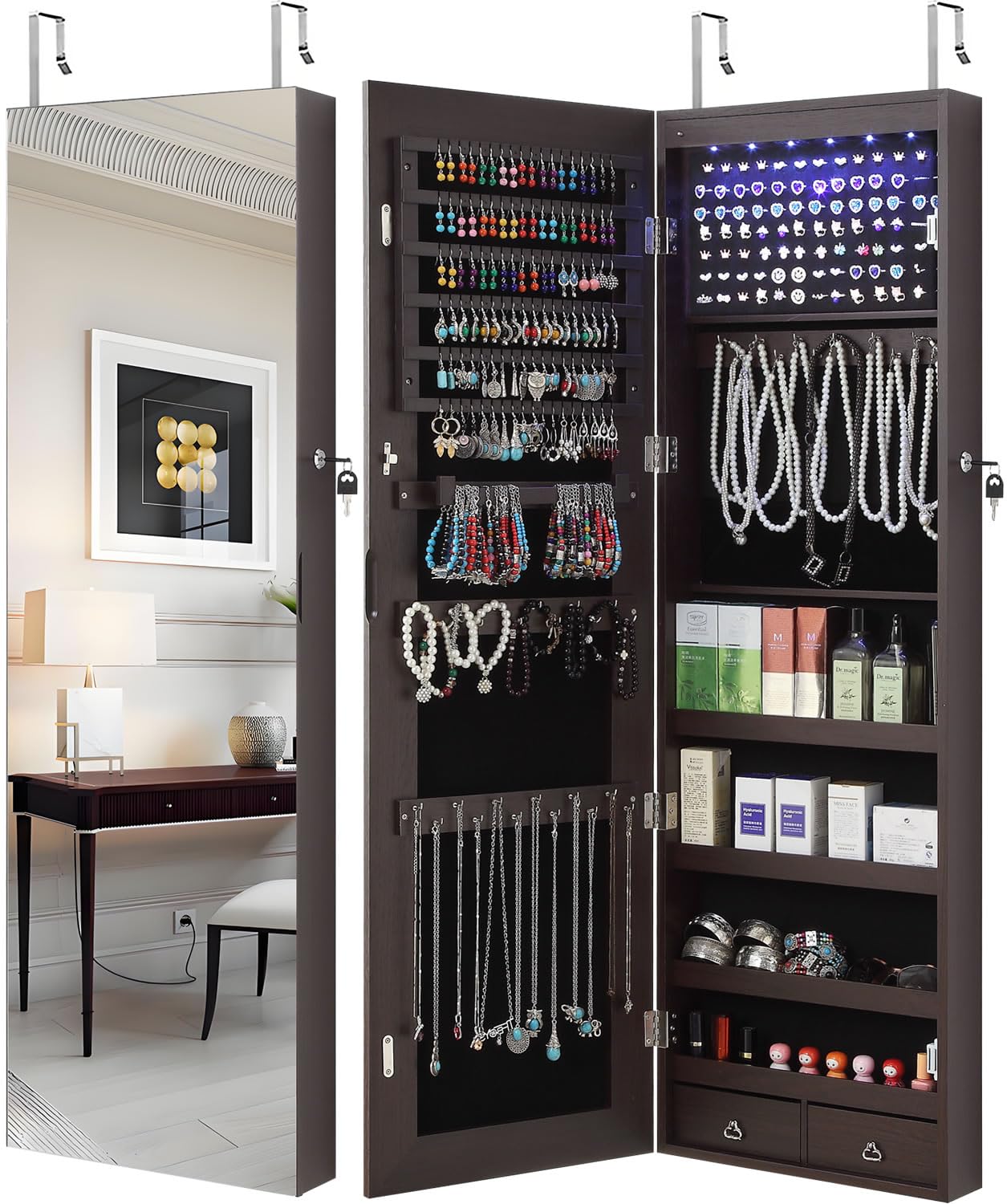GISSAR Full Length Mirror Jewelry Cabinet with 6 LED Lights - Wall Mounted Over The Door Hanging Jewelry Organizer - Lockable Storage for Necklaces, Rings & Accessories - Brown (14.6
