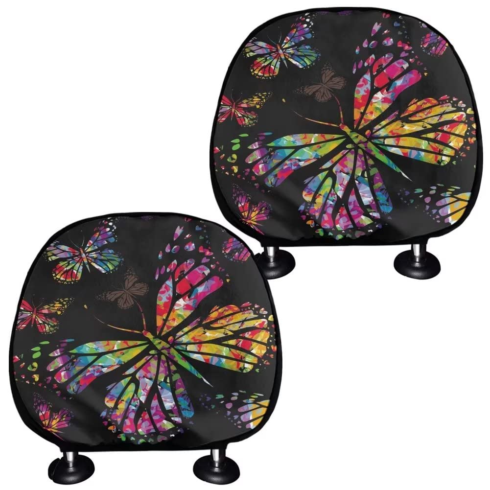 KUIFORTI 2-Piece Women's Car Seat Headrest Covers - Colorful Butterfly Design, Universal Fit for Most Sedan SUV Van Vehicles | Front/Rear Seat Protector & Decorative Pillowcase | Perfect for Road Trips, Commuting & Car Interior Styling