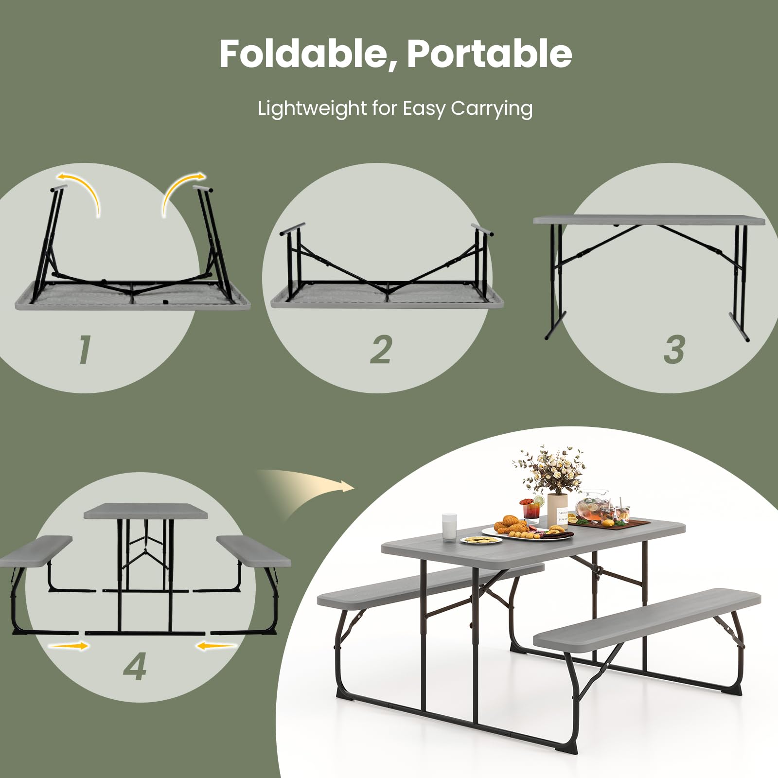 Tangkula Folding Picnic Table with 2 Benches - Portable Outdoor Metal Camping Table Set with Durable Plastic Wood-Like Tabletop & Sturdy Steel Frame - Compact Foldable Design for Picnics, BBQs, Camping, Backyard Parties, Tailgating and Outdoor Dining (Grey)