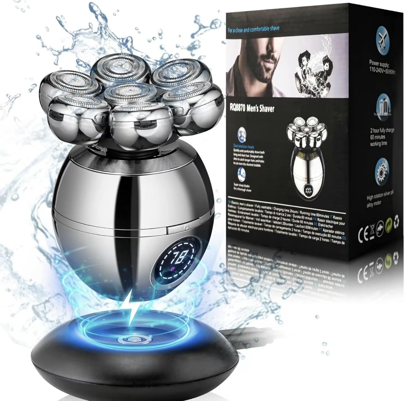 6-in-1 Electric Head Shaver for Men - Wet & Dry Rechargeable Hair Trimmer with Charging Base & Comfort Grip - Smooth Bald Shaving for Home, Travel & Gym Use