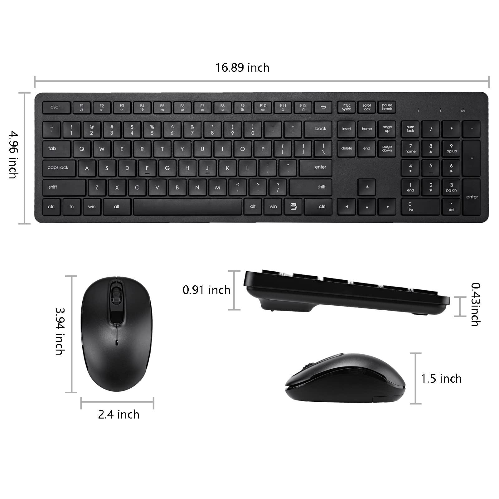 Wireless Keyboard and Mouse Combo - 2.4G Silent Cordless Keyboard and Mouse Set for Windows, Chrome OS, Laptop, PC & Desktop - Full Size 106 Keys with Number Pad - 1600 DPI Optical Mouse (Black) - Perfect for Office Work, Gaming & Home Computing