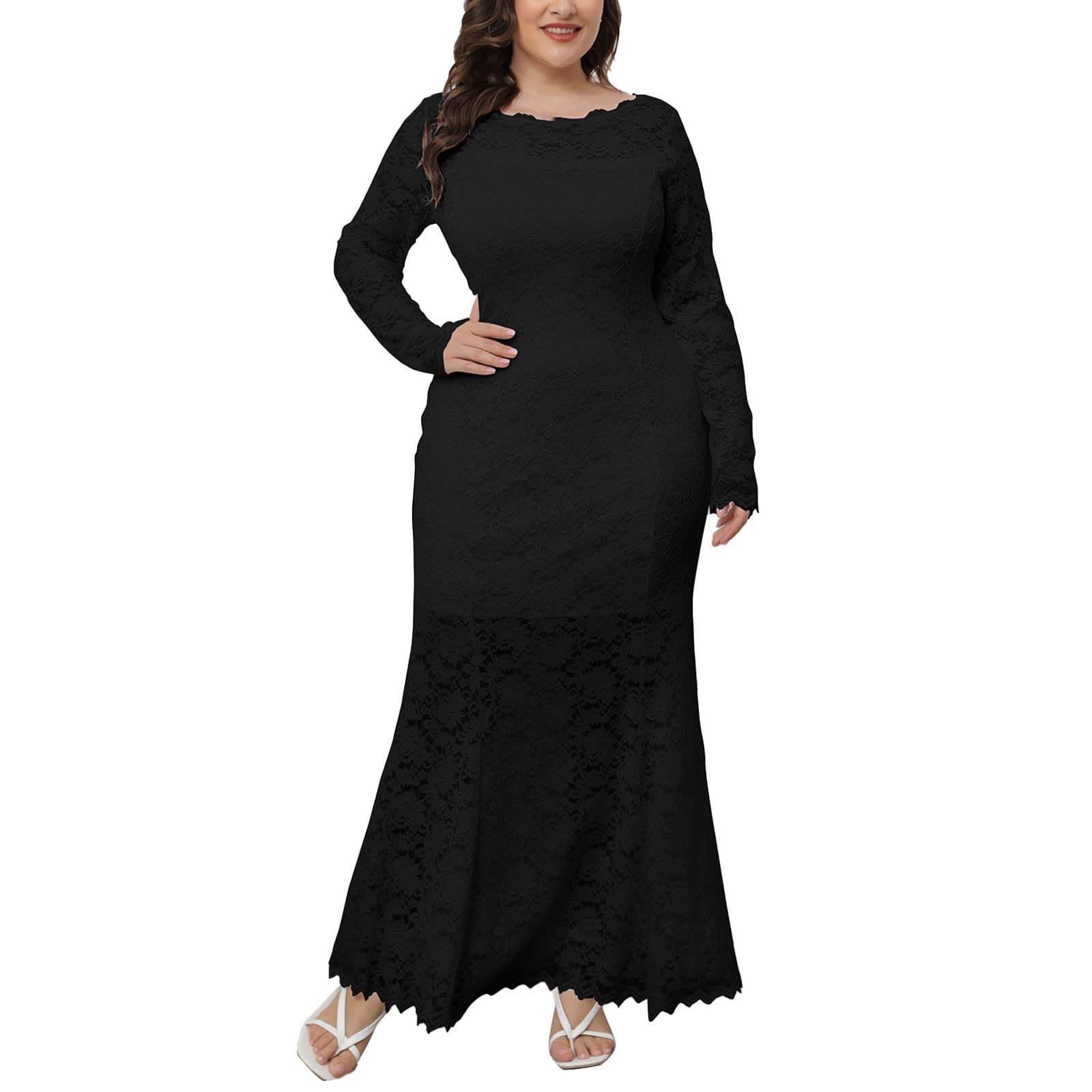 Elegant Floral Lace Plus Size Women's Dress - Scoop Neck Long Cocktail Party Gown for Evening Events, Weddings & Special Occasions