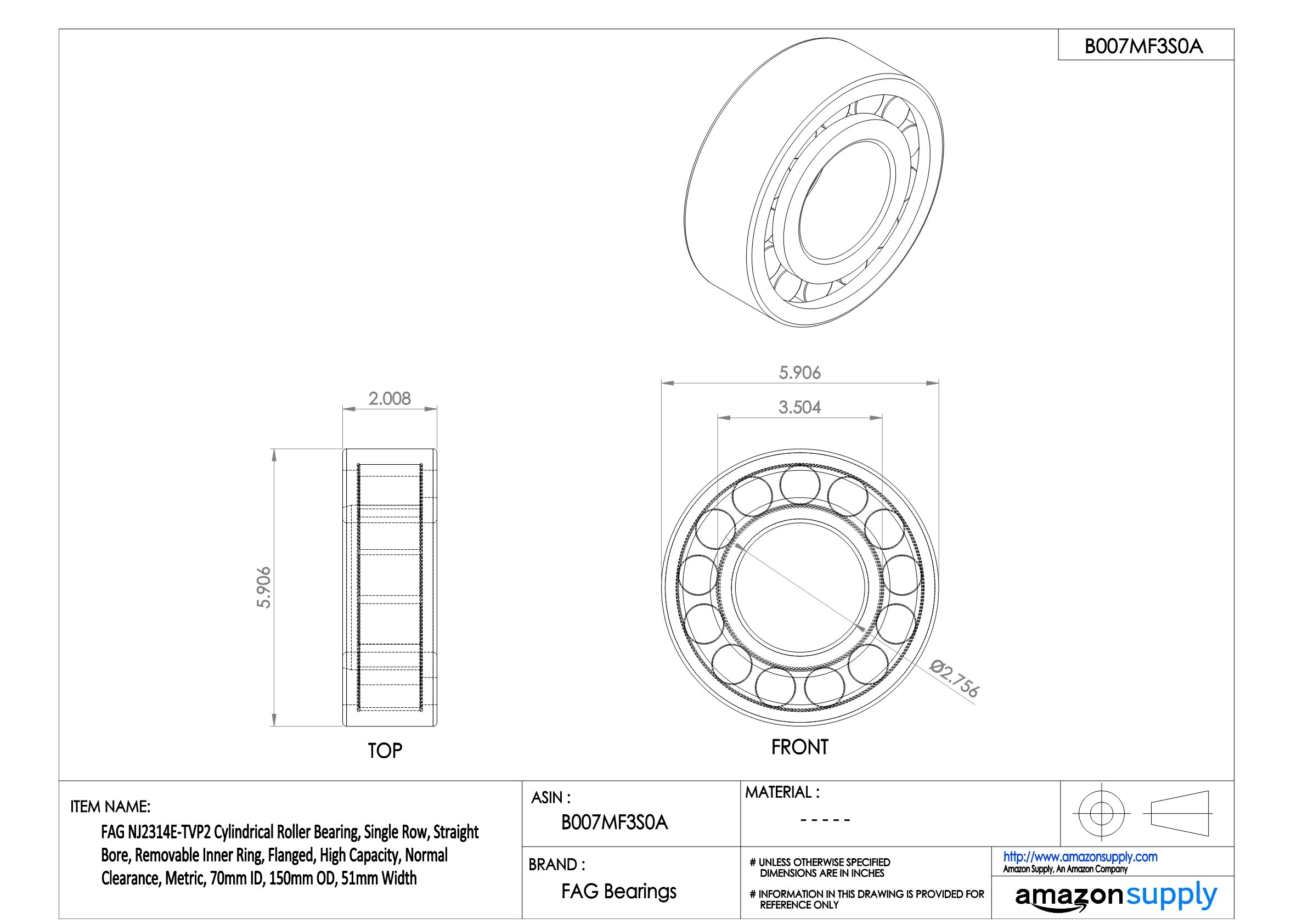 FAG NJ2314E-TVP2 Single Row Cylindrical Roller Bearing - 70mm ID x 150mm OD x 51mm Width - High Capacity Metric Bearing with Removable Inner Ring & Flange | Ideal for Industrial Machinery, Heavy Equipment & Power Transmission Systems