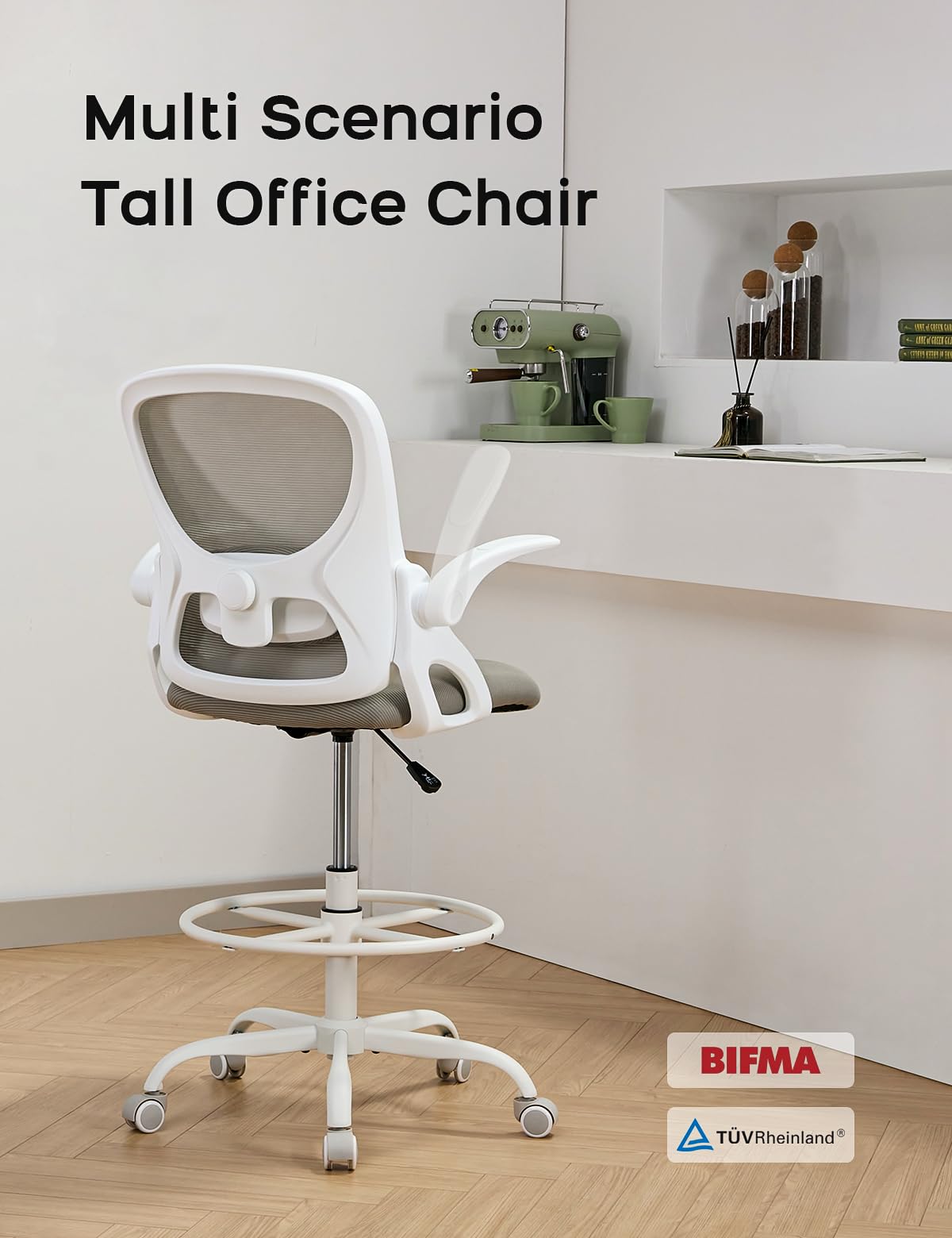 Ergonomic Drafting Chair with Flip-Up Armrests & Adjustable Footrest - Tall Office Chair for Standing Desk - Comfortable Lumbar Support - White-Gray - Perfect for Architects, Artists & Home Office Workspaces