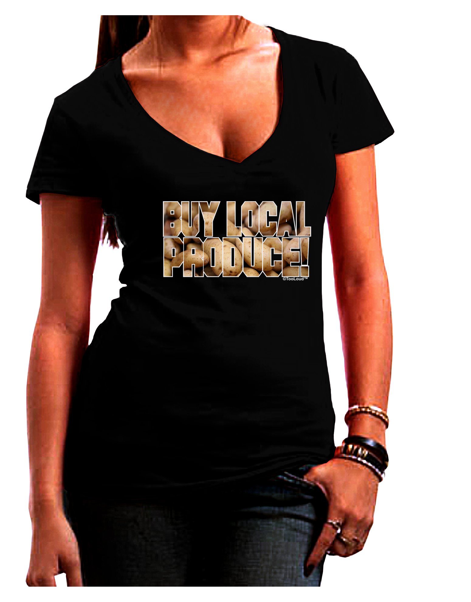 TooLoud Buy Local Produce Potatoes Text Juniors V-Neck Dark T-Shirt - Soft Cotton Tee for Women, Graphic Novelty Top - Perfect for Casual Wear, Street Style & Everyday Outfits