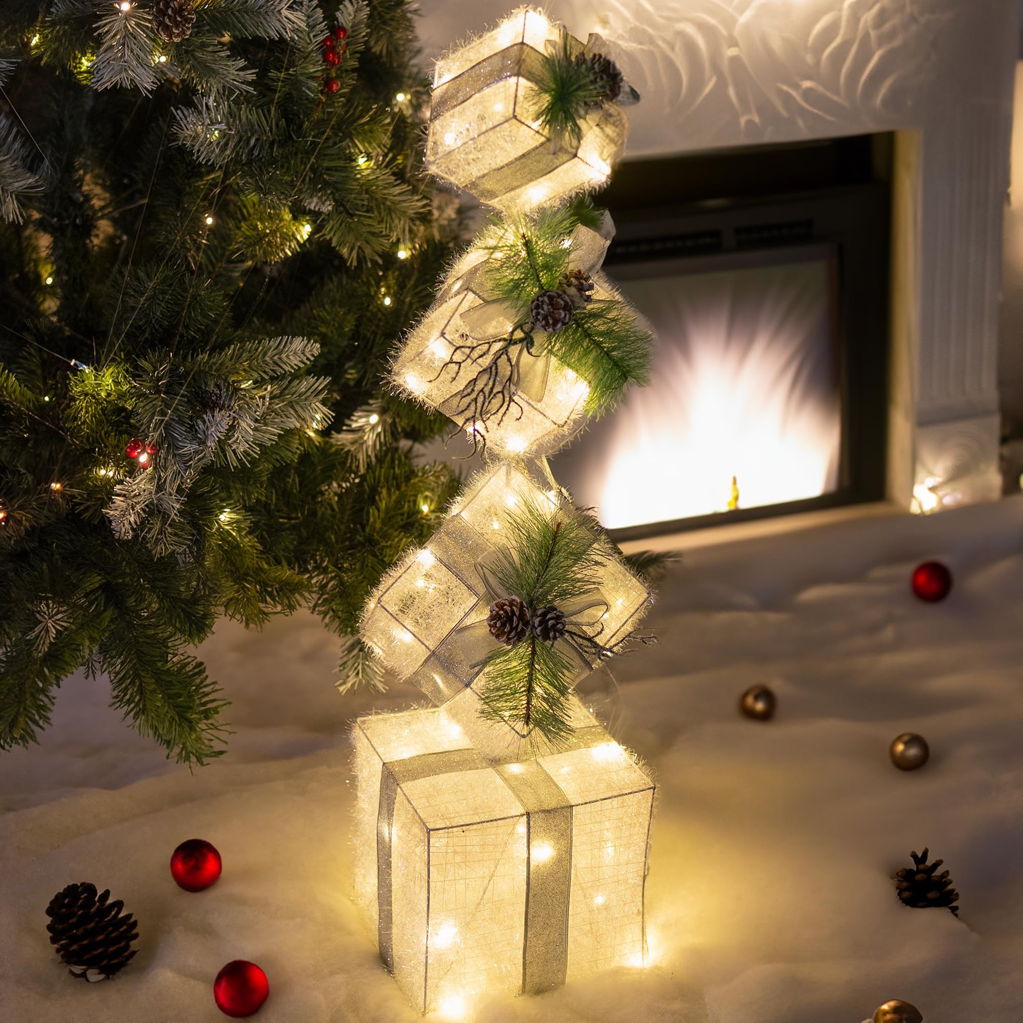 Hourleey Set of 4 Christmas Lighted Gift Boxes - 3FT Pre-lit 70 LED Stackable Light Up Present Box Ornaments, Holiday Decor for Indoor Outdoor Home Yard Lawn - Perfect for Christmas Tree, Mantel, Porch & Party Decorations