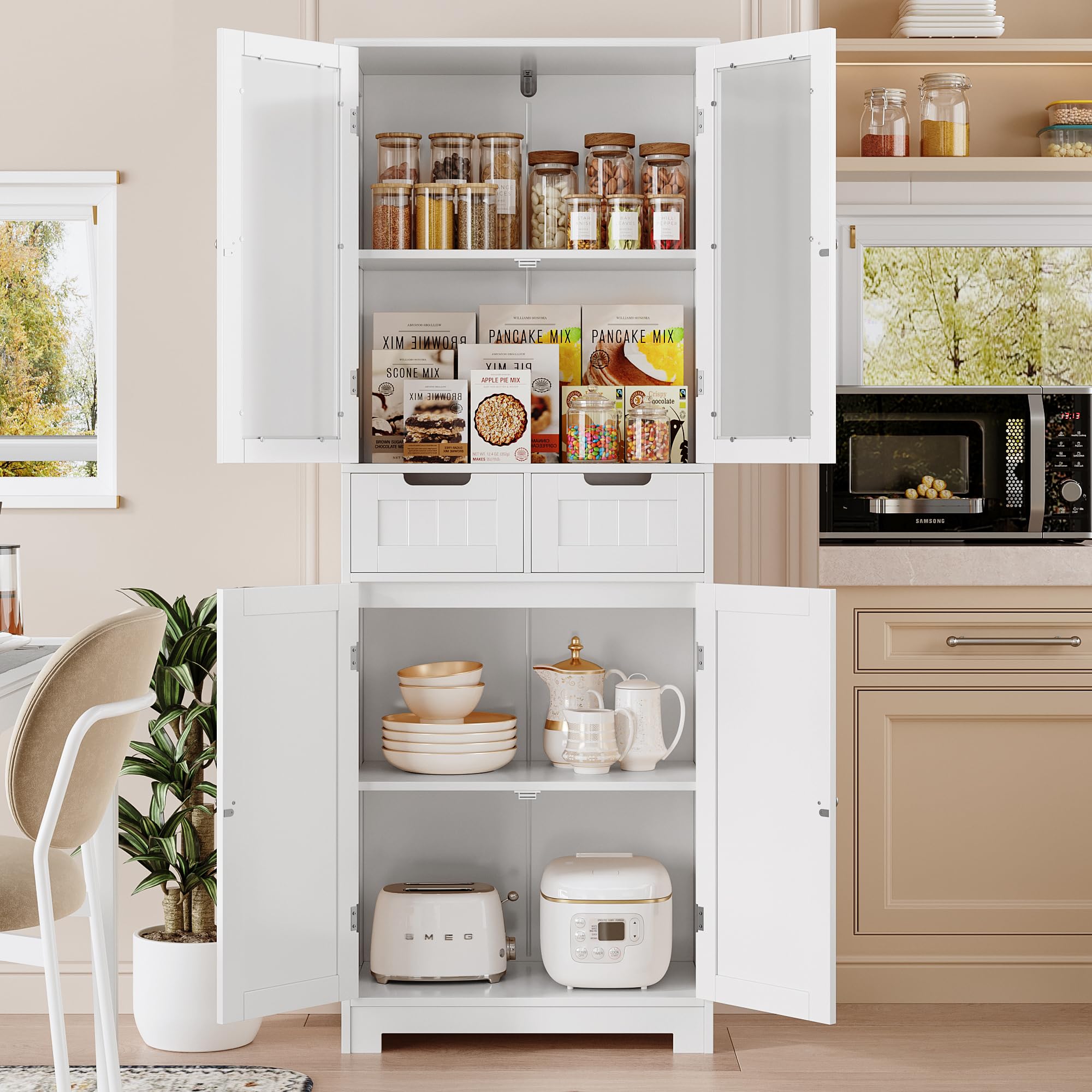 HOSTACK 64 Inch White Tall Storage Cabinet with Drawers and Glass Doors - Modern Kitchen Pantry, Bathroom Cabinet with Shelves, Free Standing Linen Cupboard for Dining Room - Perfect for Home Organization, Bedroom Storage & Living Room Decor