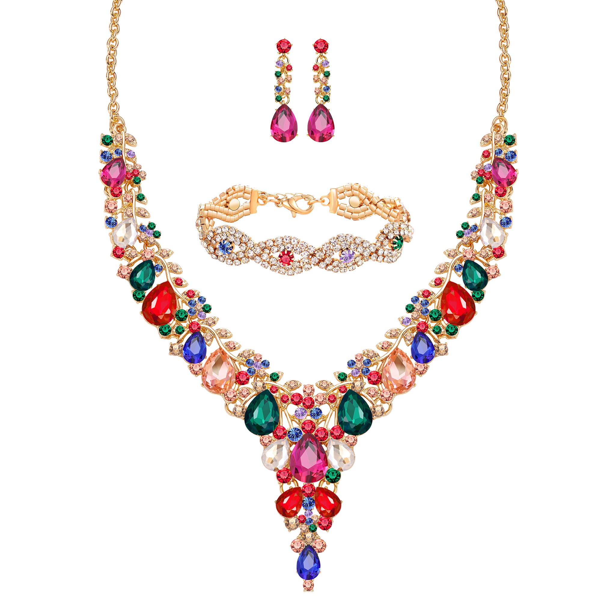 MIRACULOUS GARDEN 3/4 Piece Women's Wedding Bridal Jewelry Set - Crystal Tiara Crown, Teardrop Necklace, Link Bracelet & Dangle Earrings - Rhinestone Handbag Accessories for Brides, Bridesmaids & Special Occasions
