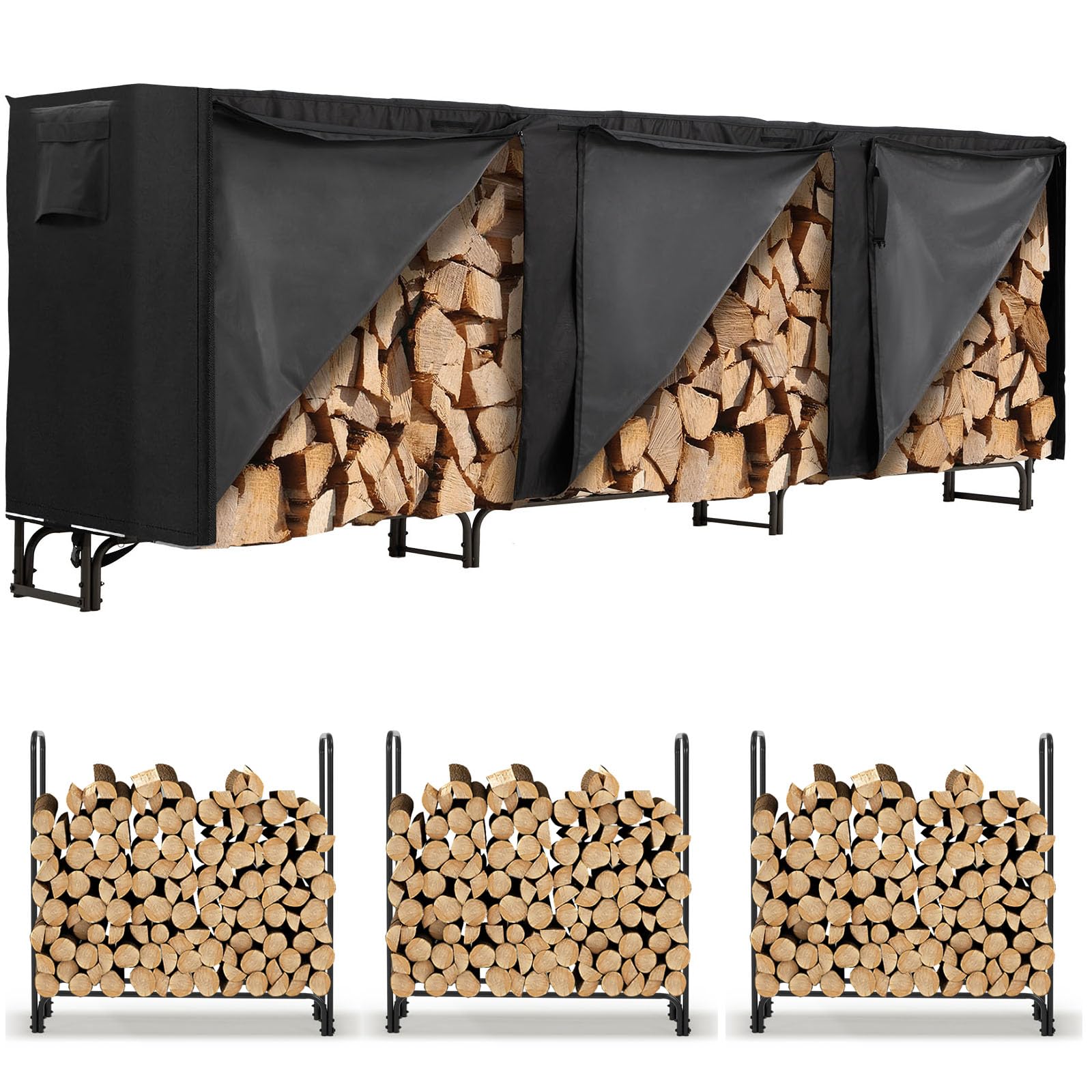 4FT Firewood Rack Set of 3 - 12FT Outdoor Firewood Storage with 600D Cover - Heavy Duty Log Holder for Indoor/Outdoor Use - Perfect for Fireplace, Camping, and Backyard Wood Storage