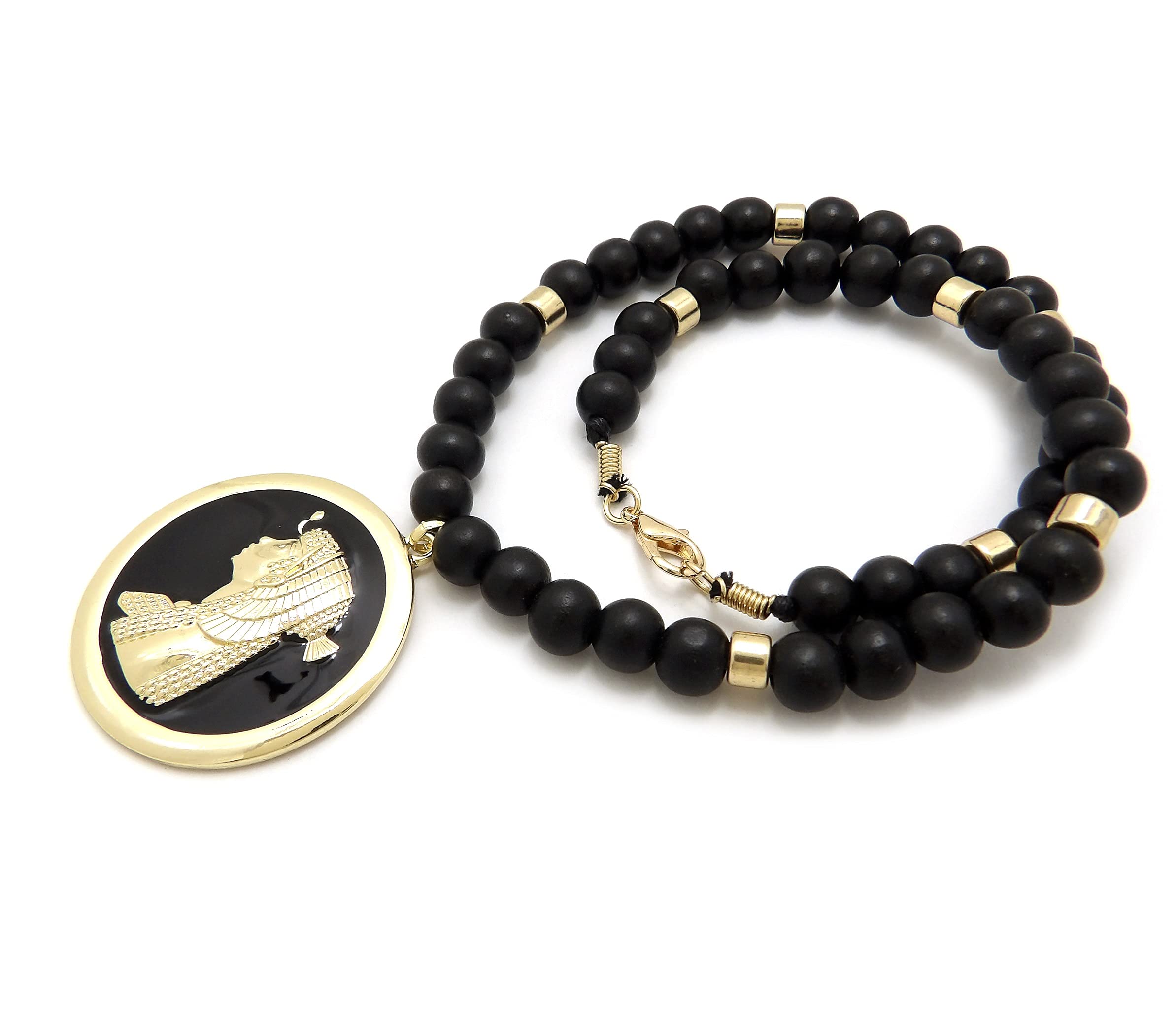 Egyptian Cleopatra Falcon Pendant Necklace - 6mm Gold Wooden Beads for Women