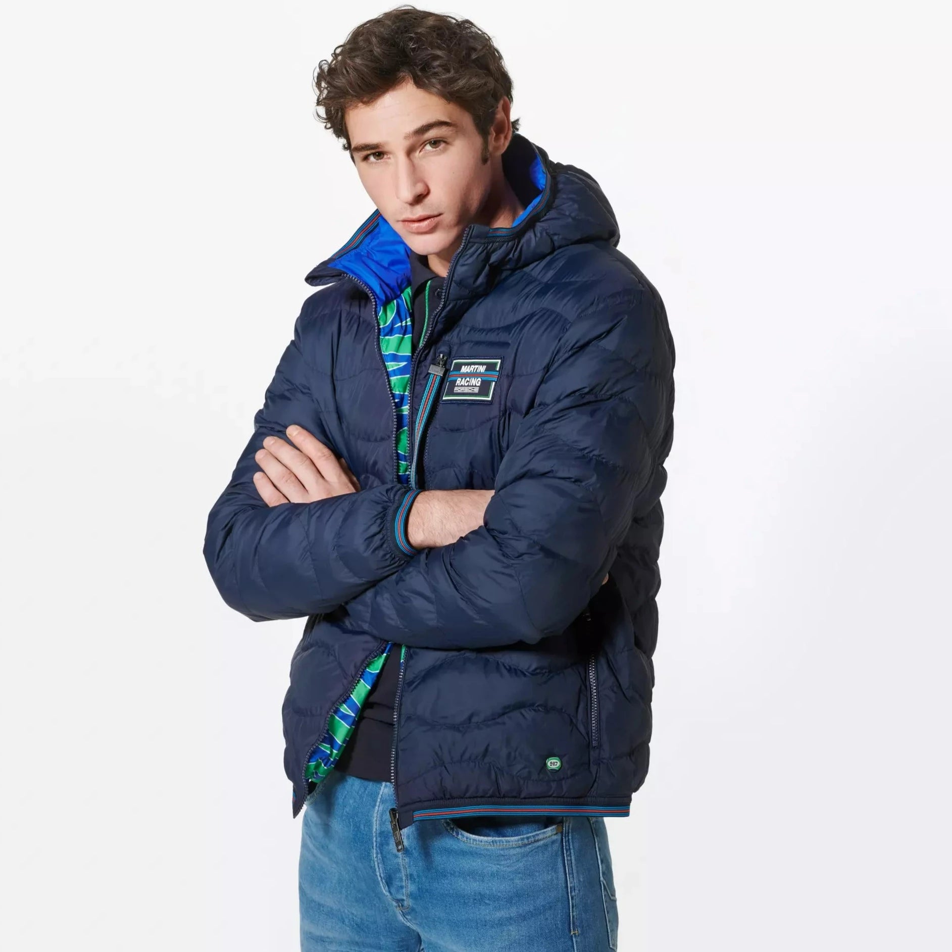Porsche Men's Reversible Quilted Jacket - Martini Racing Style (Hippie Design) | Lightweight Winter Coat for Casual Wear & Outdoor Activities