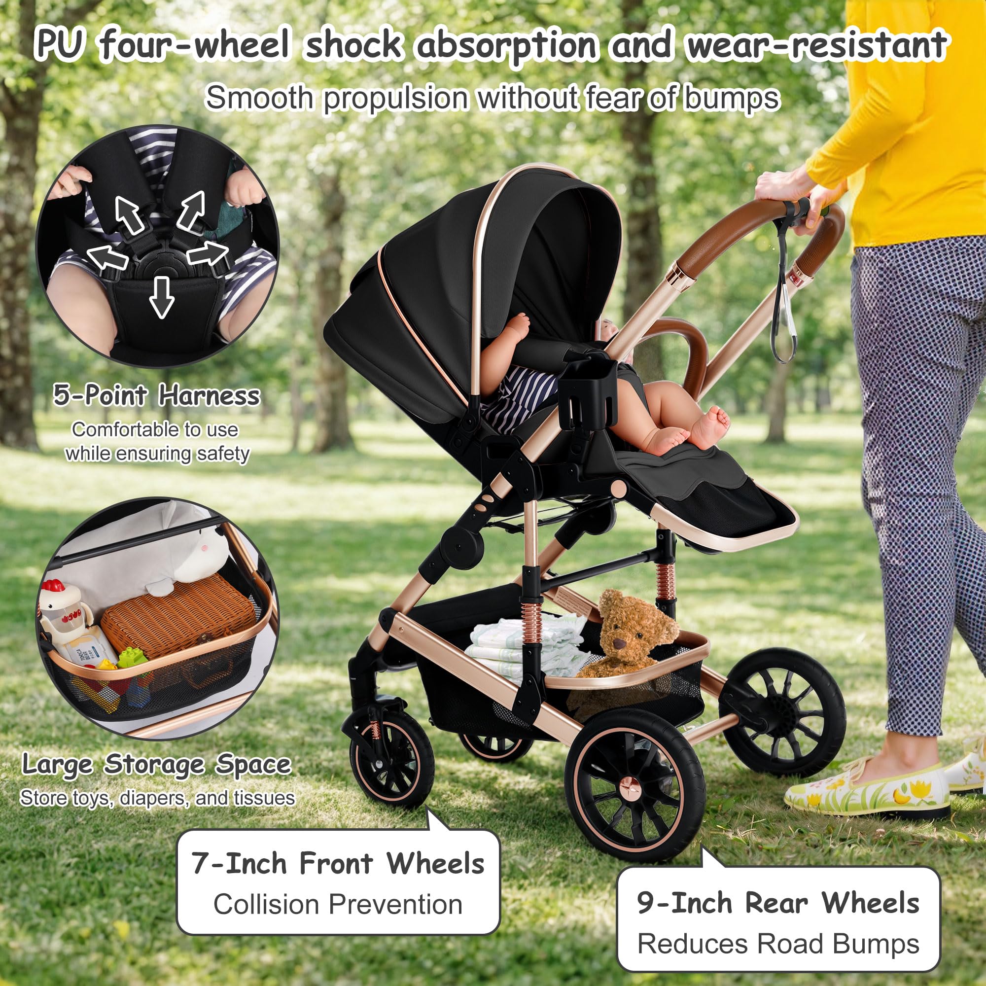 Convertible Baby Stroller - Lightweight Folding Infant Stroller with Large UV Protection Canopy, Adjustable Reclining Backrest, Cup Holder & Storage Basket | Perfect for Travel, Shopping & Daily Walks (Black)