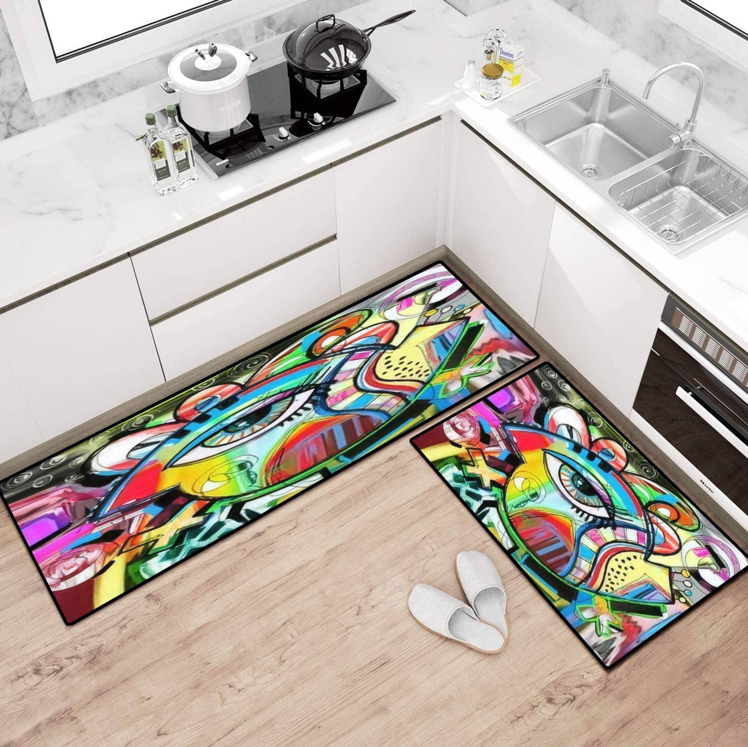 Abstract Doodle Bird Painting Kitchen Rugs Set - Non-Slip Washable Floor Mats for Kitchen, Bathroom & Entryway - Comfort Standing Decor with Runner & Doormat - Perfect for Home Decor, Cooking Comfort & Wet Area Safety