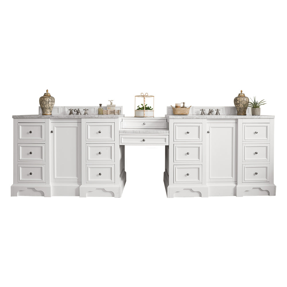 De Soto 118 Double Vanity Set with Makeup Table - Bright White Finish & 3CM Arctic Fall Solid Surface Top - Perfect for Master Bathroom & Dressing Room Organization
