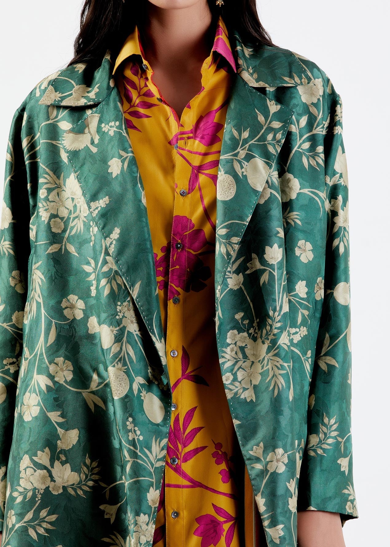 Luxury Long Silk Damask Coat for Women - Elegant Forest Print Outerwear for Fall & Winter | Perfect for Formal Events, Weddings & Evening Occasions