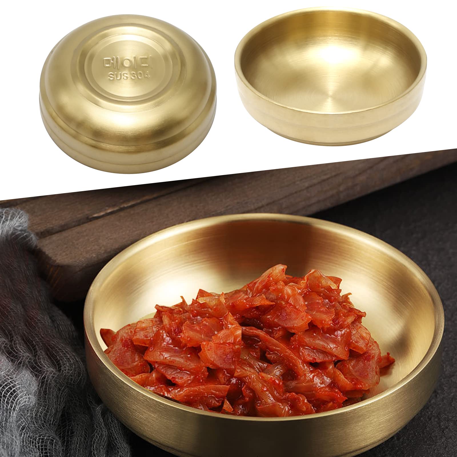 MDEOOSKY 4PCS Mini Stainless Steel Sauce Dishes 3.54in - 304 Stainless Steel Appetizer Plates, Double-Deck Plates for Oil, Vinegar, Juice, Salad, Ketchup - Gold Color - Perfect for Restaurants, Parties, Picnics & Home Dining