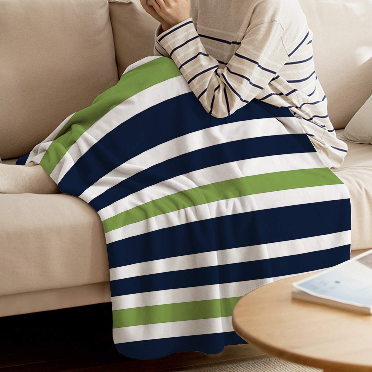 Soft Flannel Fleece Throw Blanket - Navy Blue, Lime Green & White Striped Plush Blanket | 60x80 Inch Cozy Velvet Blanket for Bed, Couch & Kids | Lightweight Fuzzy Blanket for Winter, Movie Nights & Home Decor