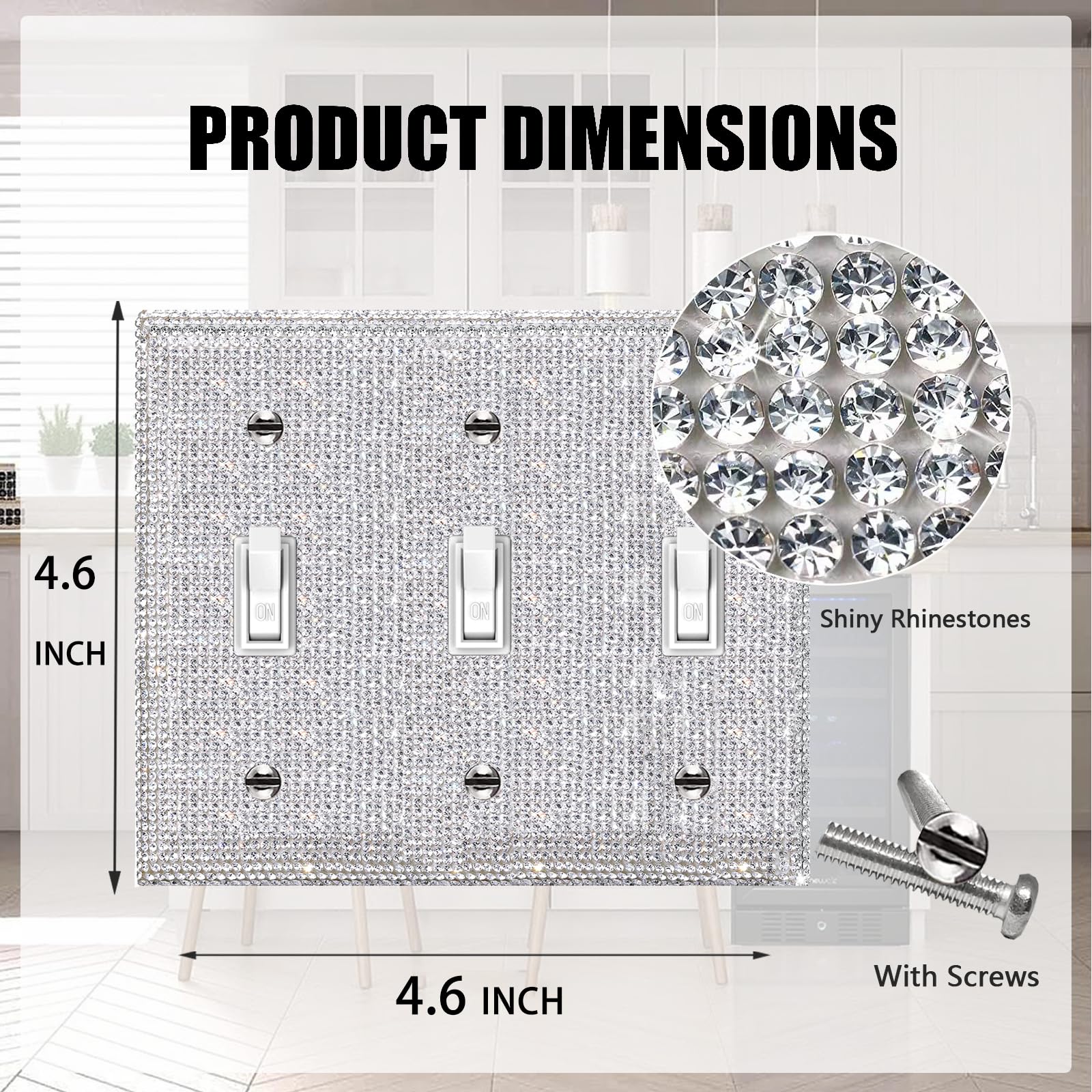 Shiny Silver Rhinestone Outlet Cover - Decorative 3 Gang Light Switch Plate & Outlet Cover - Elegant Home Decor for Living Room, Bedroom, Bathroom