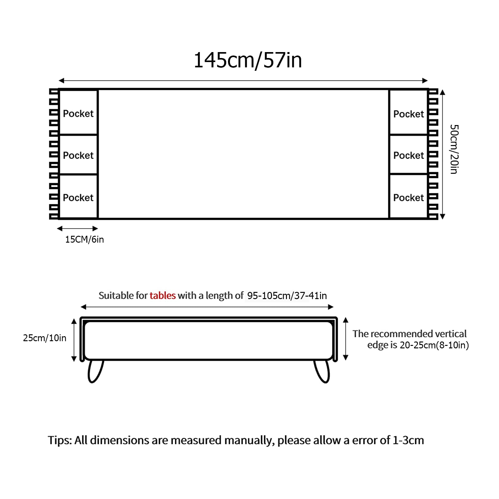 Waterproof Coffee Tablecloth with Pockets - Linen Rectangular Tea Table Cover, Oil Proof & Washable - Perfect for Dining Table, Washing Machine, Fridge Dust Cover (50x145cm/20x57in) - Ideal for Home, Kitchen & Office Use