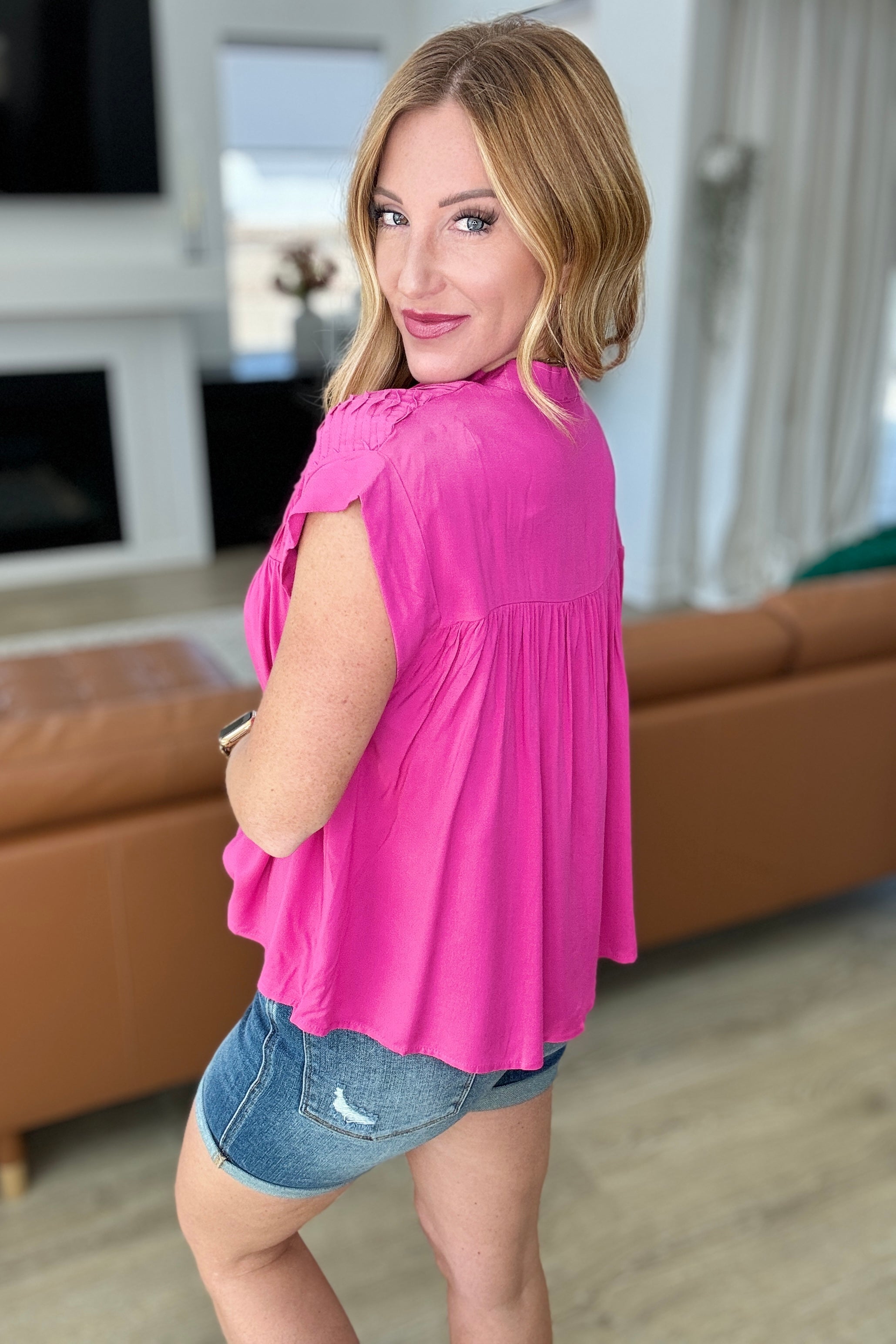 Stylish Hot Pink Pleat Detail Button Up Blouse for Women | Trendy Office & Casual Wear | Perfect for Work, Dates & Special Occasions