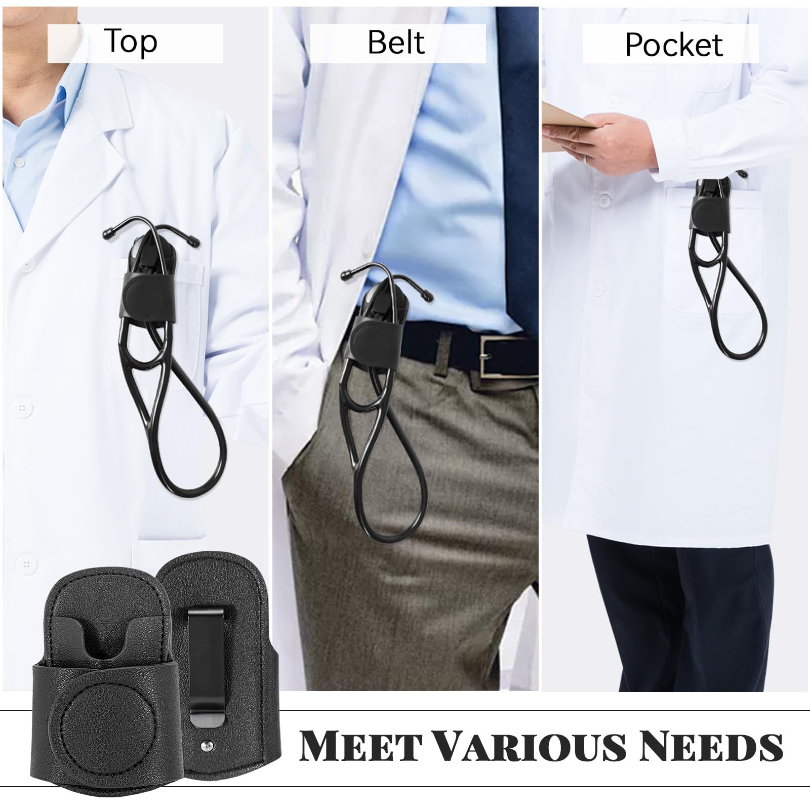 Premium Leather Stethoscope Holder with Hip Clip - Waist Belt Attachment for Doctors & Nurses (Black) | Ideal for Medical Professionals, EMTs & Healthcare Workers On-The-Go