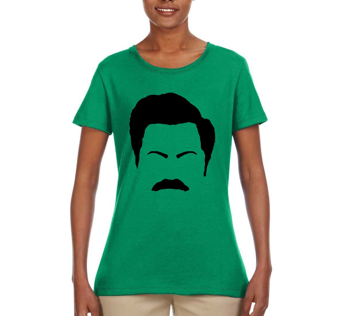Ron Swanson Mustache Face Silhouette Graphic T-Shirt - Parks and Recreation Pop Culture Tee for Women - Perfect for TV Show Fans, Cosplay & Casual Wear