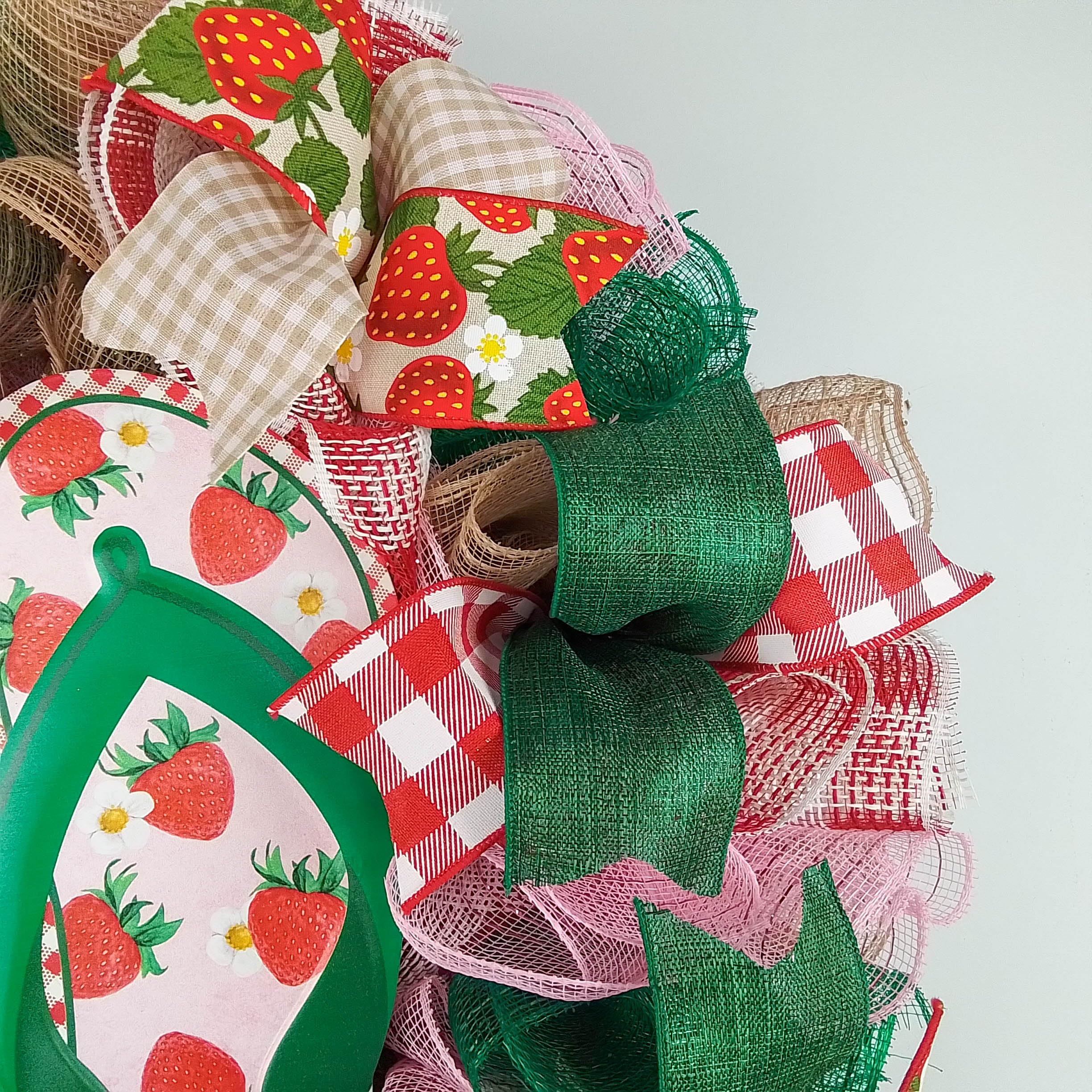 Strawberry Flip Flop Wreath - Spring Summer Welcome Decorative Mesh Wreath - Pink Jute Green Red White - Perfect for Front Door, Porch, and Summer Party Decorations