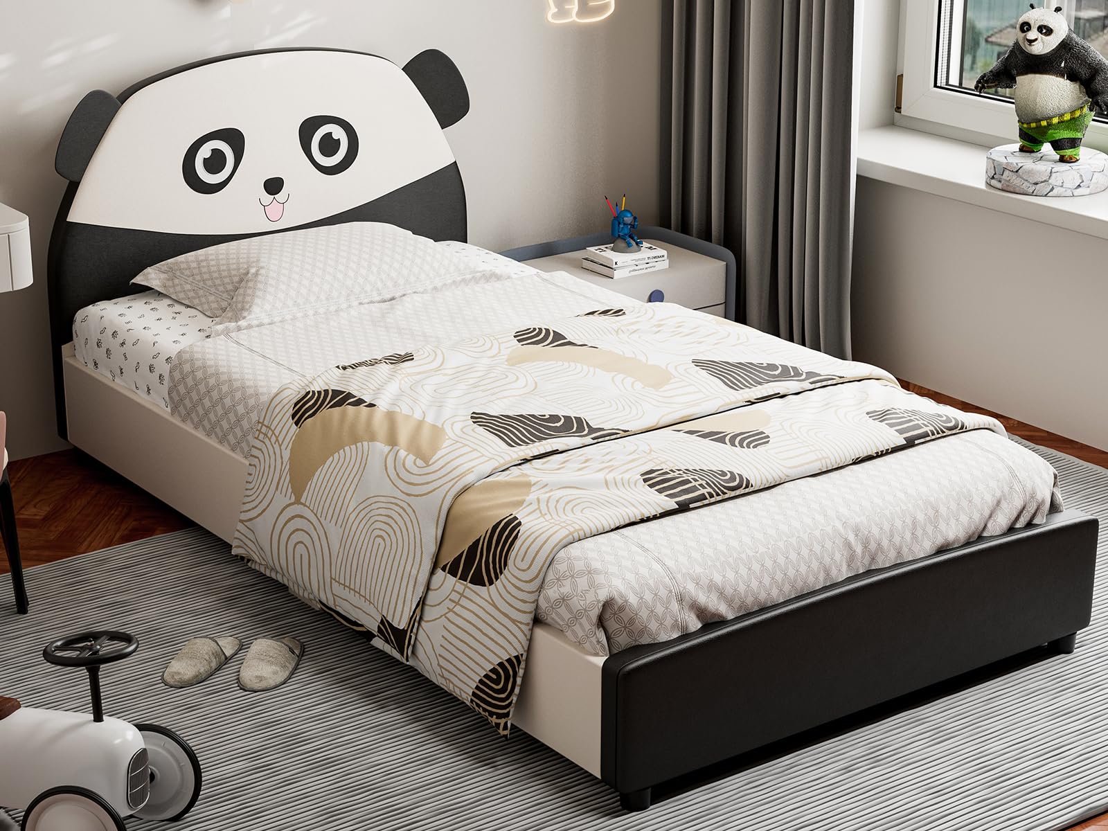 IKIFLY Twin Bed Frame for Kids & Teens - Sturdy Upholstered Platform Bed with Headboard, Solid Wood Slats, No Box Spring Needed (Panda Design) - Perfect for Small Bedrooms, Dorm Rooms & Kids' Bedrooms