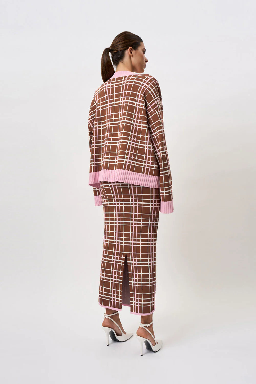 Carolina Check Knit Ankle Skirt - Brown & Pink Plaid Pattern for Women | Casual & Office Wear | Perfect for Fall & Winter Outfits