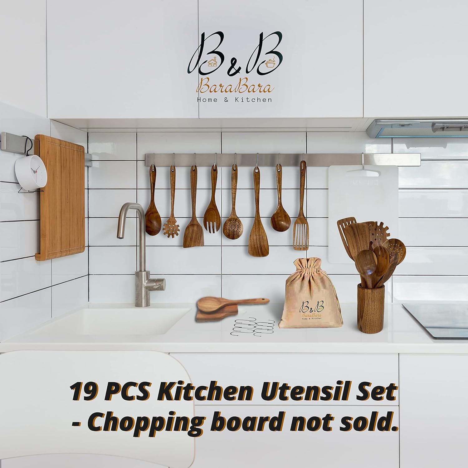 Premium Teak Wood Kitchen Utensil Set with Wooden Holder, Spoon Rest & Hooks - 100% Natural Eco-Friendly Cooking Tools for Baking, Stirring & Serving - Perfect for Home Chefs & Modern Kitchens