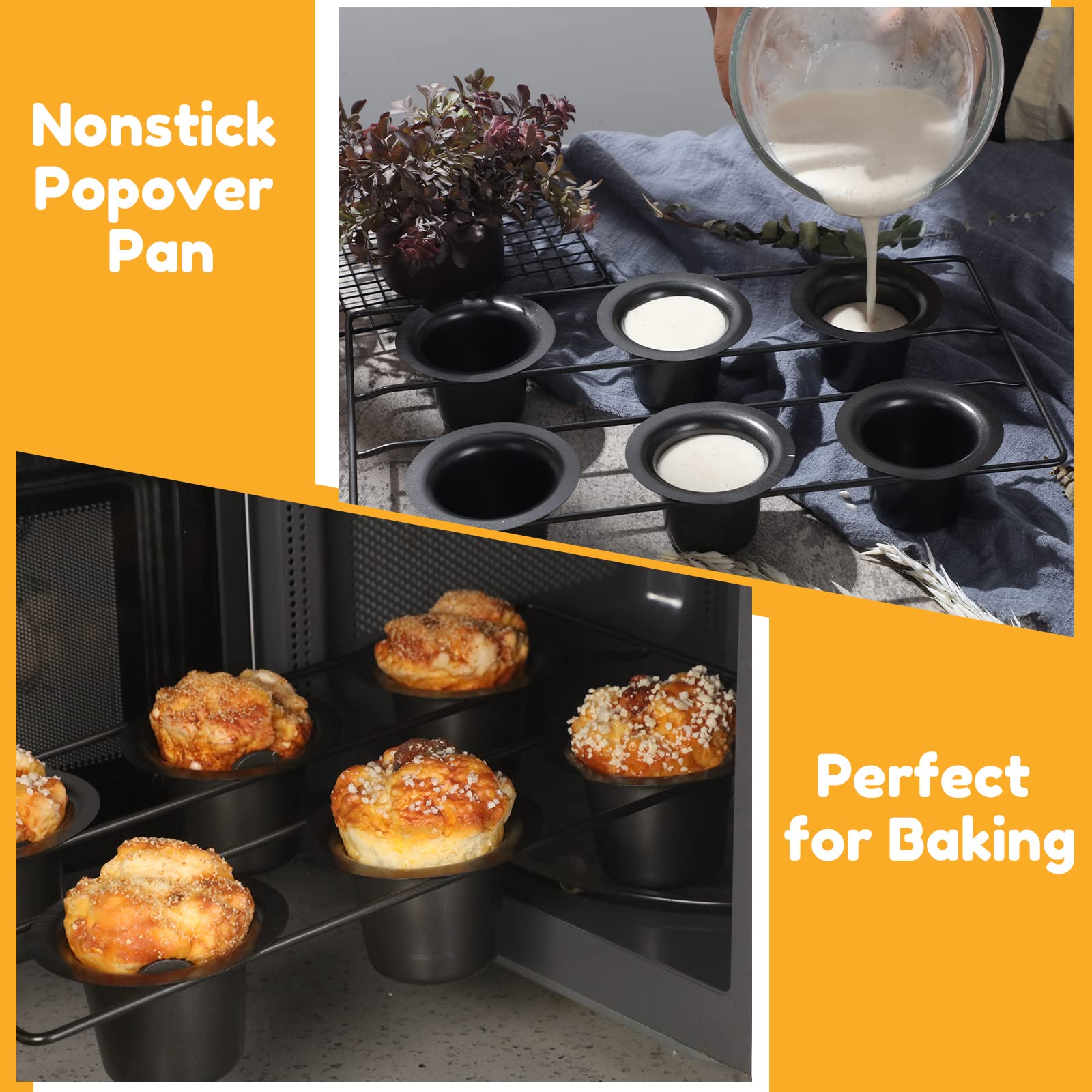 Shellwei 2-Piece Nonstick Popover Pan Set - 12 Cup Muffin Pan for Baking Cupcakes, Quiches, Frittatas & Pudding Cakes - Heavy Duty Bakeware for Oven, Perfect for Home Baking, Holiday Treats & Party Desserts (Black)
