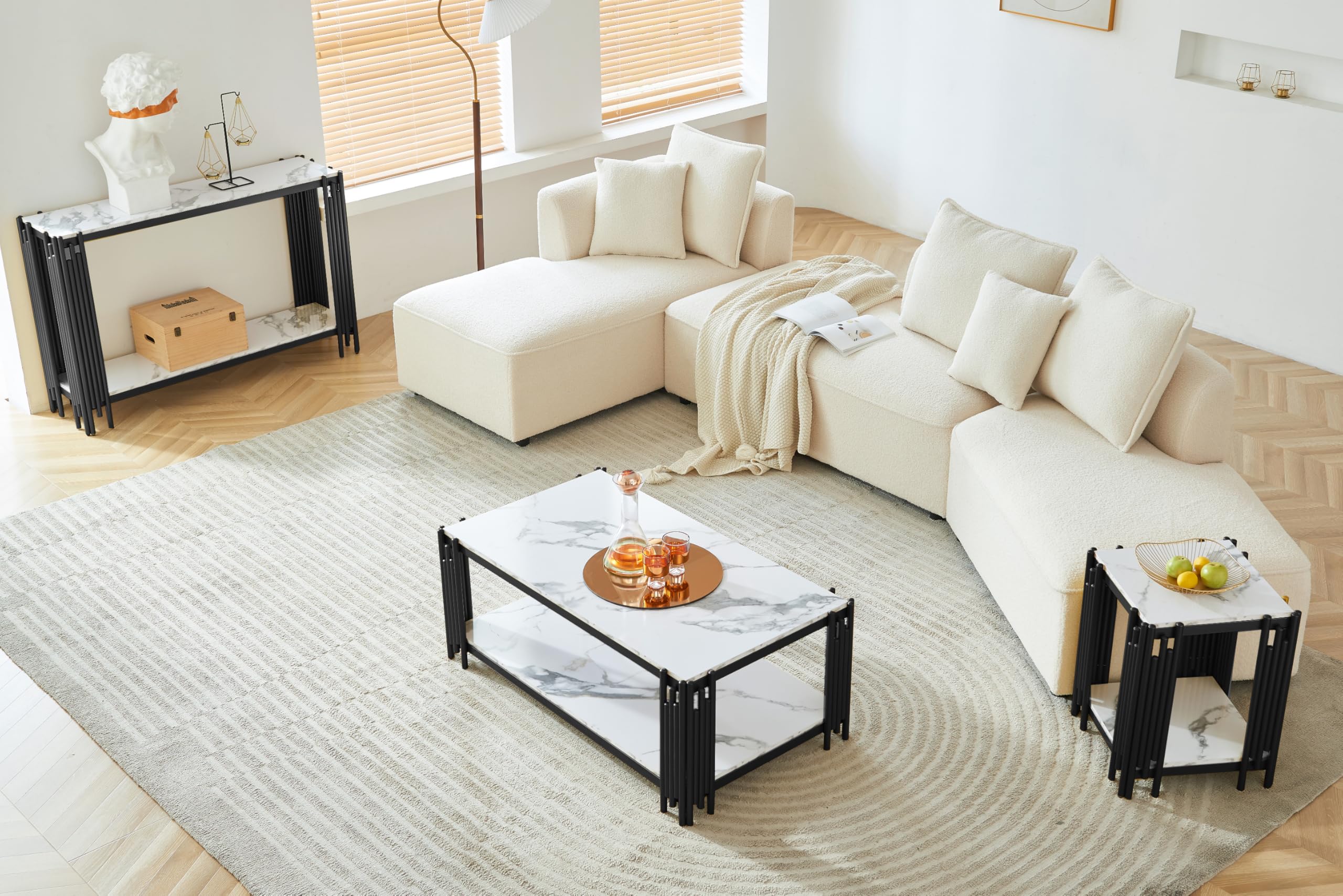 Elegant White Faux Marble Coffee Table Set with Black Metal Frame - 2 Piece Living Room Furniture (1 Rectangle Coffee Table & 1 Console Table) for Modern Home Decor, Living Room, Lounge & Office Spaces