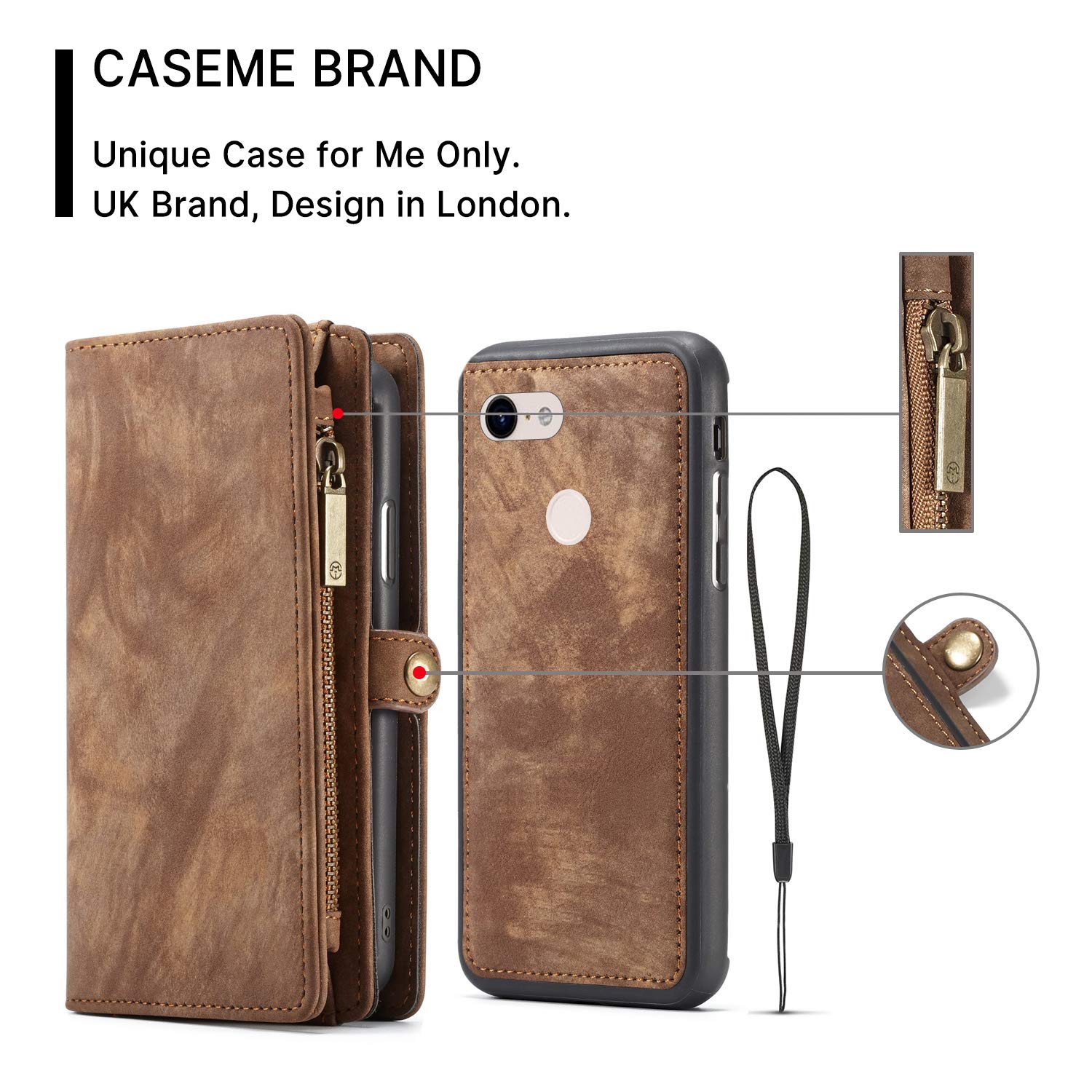 Google Pixel 3A Leather Wallet Case with Zipper Purse, Detachable Card Slots, Magnetic Wrist Strap & Shockproof Protection - Perfect for Travel, Work & Everyday Use (Brown, Pixel 3A)